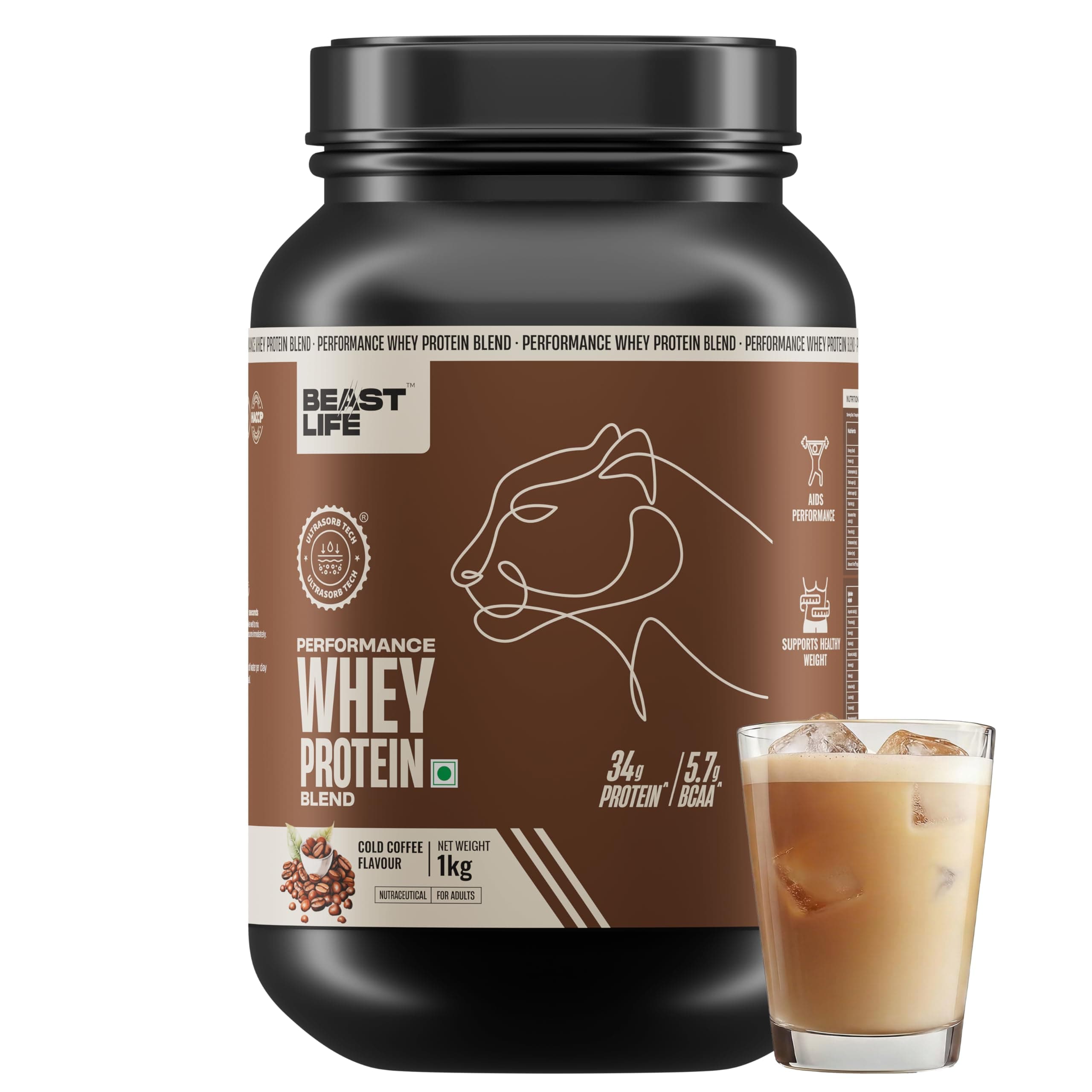 Beast Life Performance Whey Protein Blend Powder | 1 Kg | Cold Coffee | 34 g Protein, 5.7 g BCAA per Scoop | Muscle Growth & Recovery | Easy to Digest with Ultrasorb Tech | Smooth & Easy to Mix