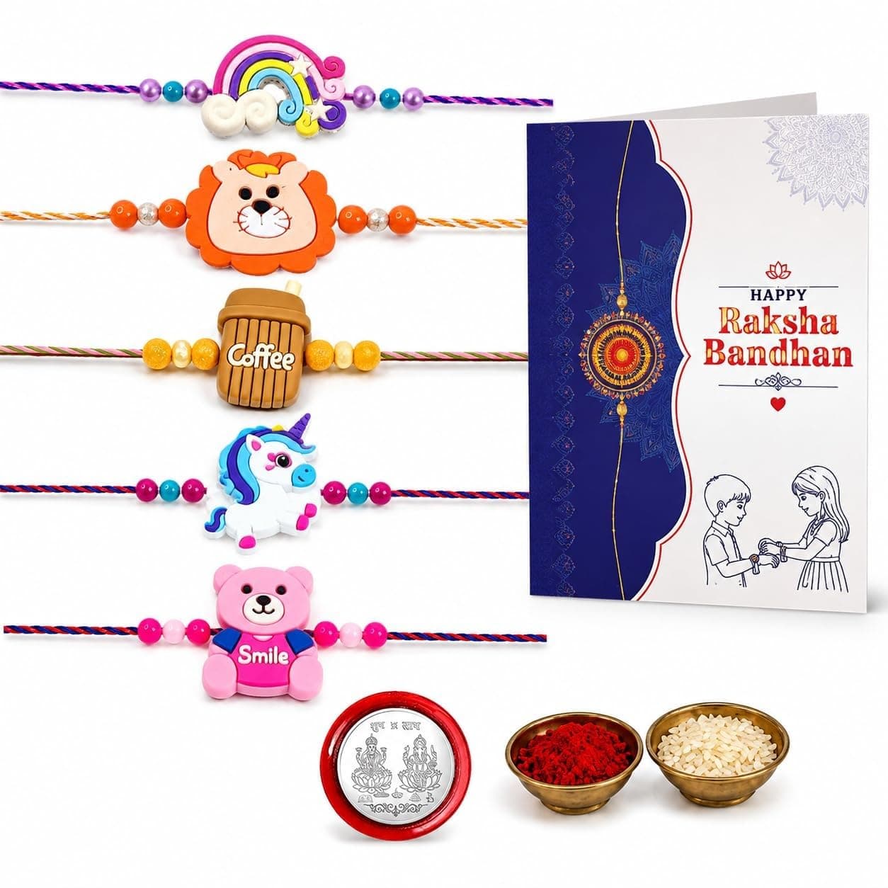 Oblivion Rakhi for Brother Set of 5 – Teddy, Lion Face, Coffee, Unicorn & Rainbow Design Kids Rakhi, Silver Color Coin, Roli Chawal and Greeting Card – Raksha Bandhan Combo for Little Bro (Pack of 8)