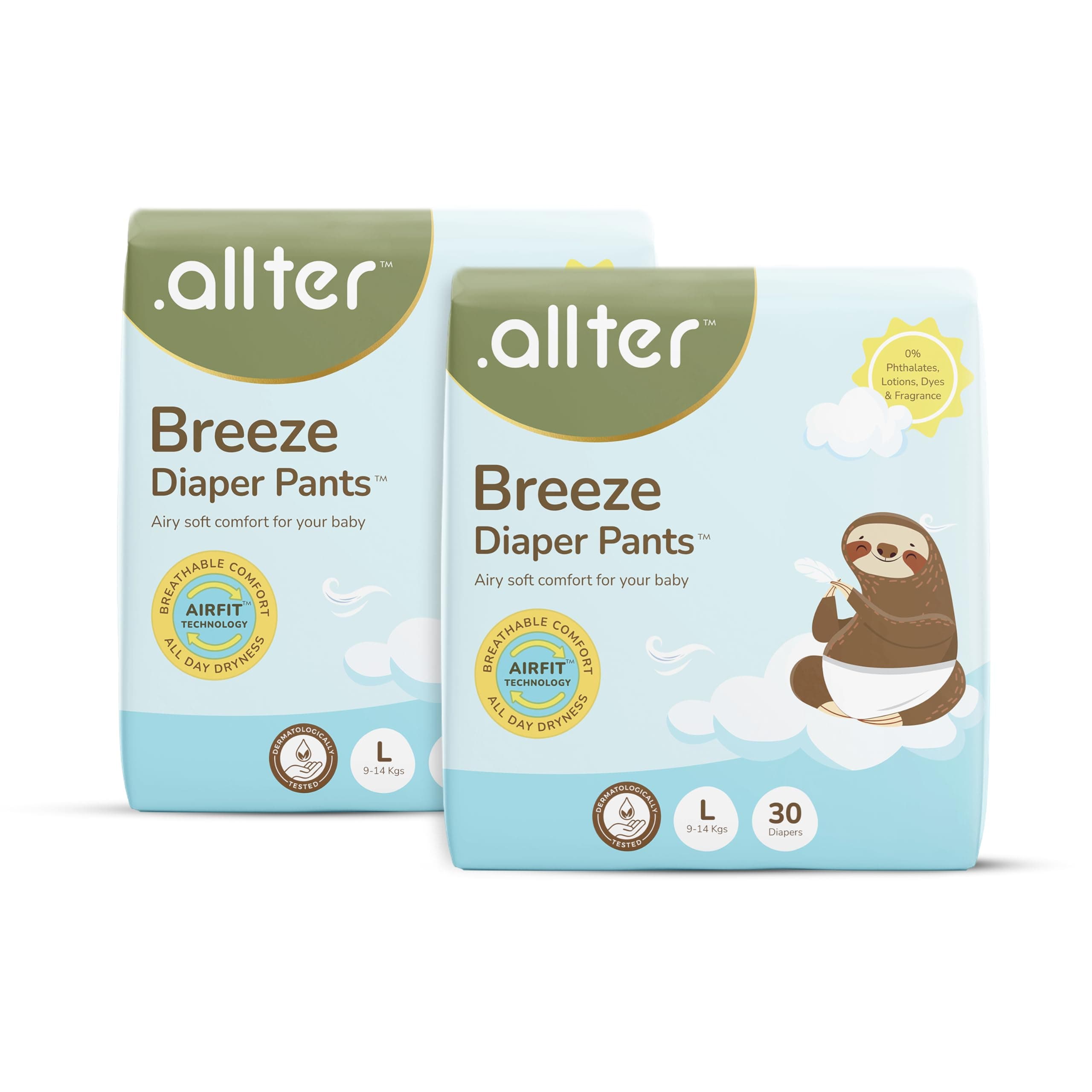 .allter Breeze Baby Diaper Pants - L Size (9-14 Kgs) | 60 Count, Pack of 2 | AirFit™ Technology for Breathable Comfort | Dermat Tested | 12-Hour Dryness, Super Soft & Absorbent with Wetness Indicator