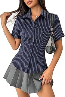 Aahwan White Solid Button-Down Striped Print Casual Short Sleeve Shirt for Women's & Girl's