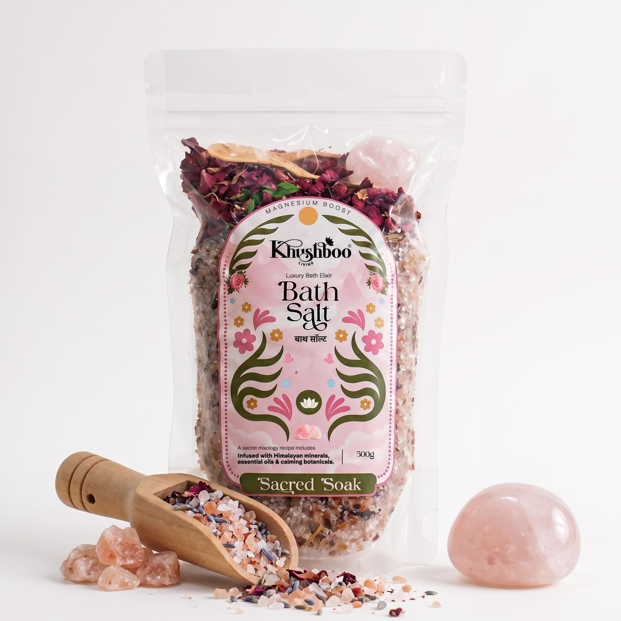 Premium Magnesium Wellness Bath Salt 500g | Epsom Salt, Sea Salt, Rock salt, Natural Herbs & Vitamin E | Muscle Relaxation, Stress Relief & Deep Sleep | Includes Wooden Scoop & Natural Crystal