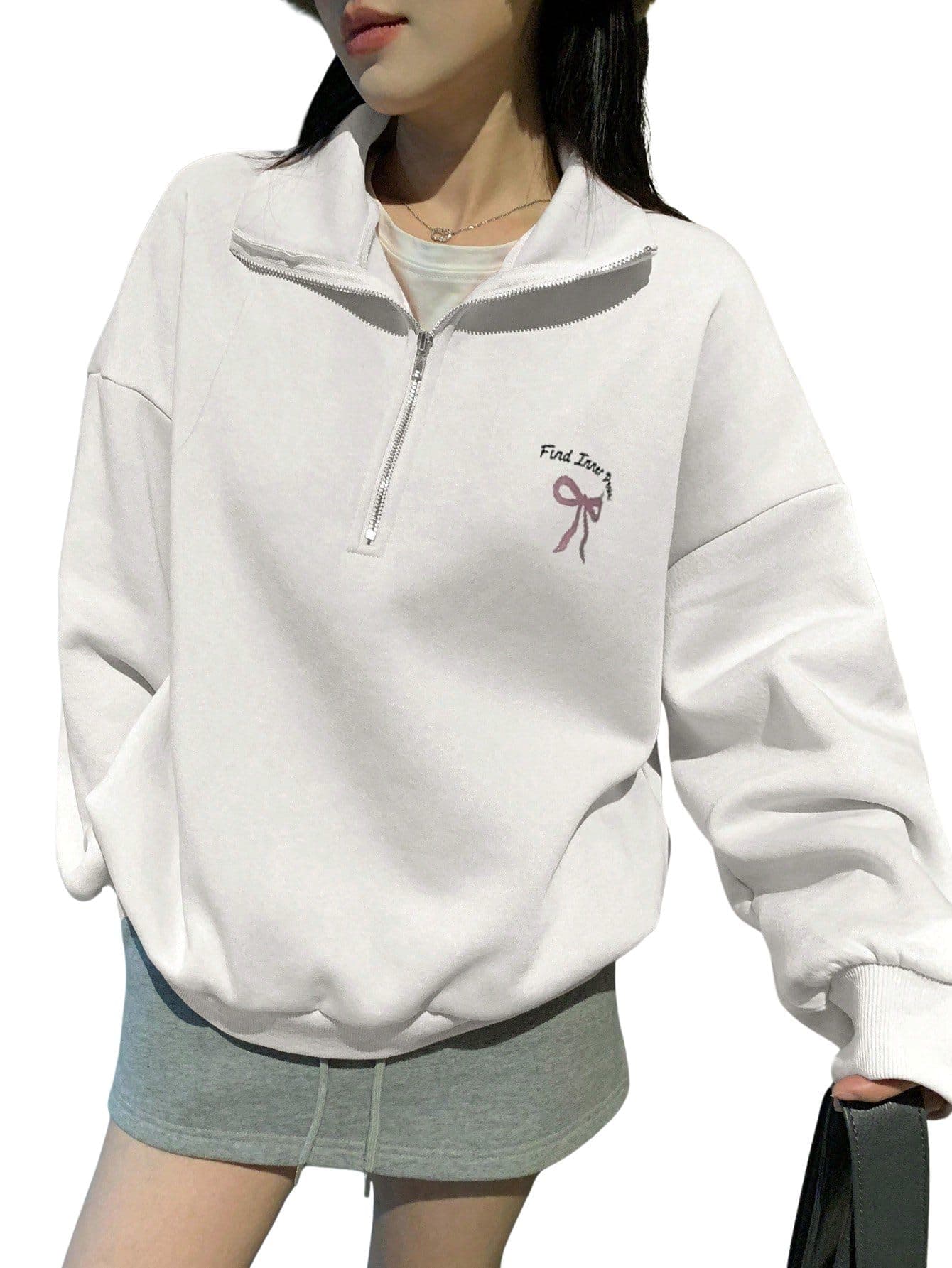 SXV STYLE Women's Half Zip Sweatshirt with Bow, Find Inner Peace, Long Sleeve Pullover, Casual Oversized Fit