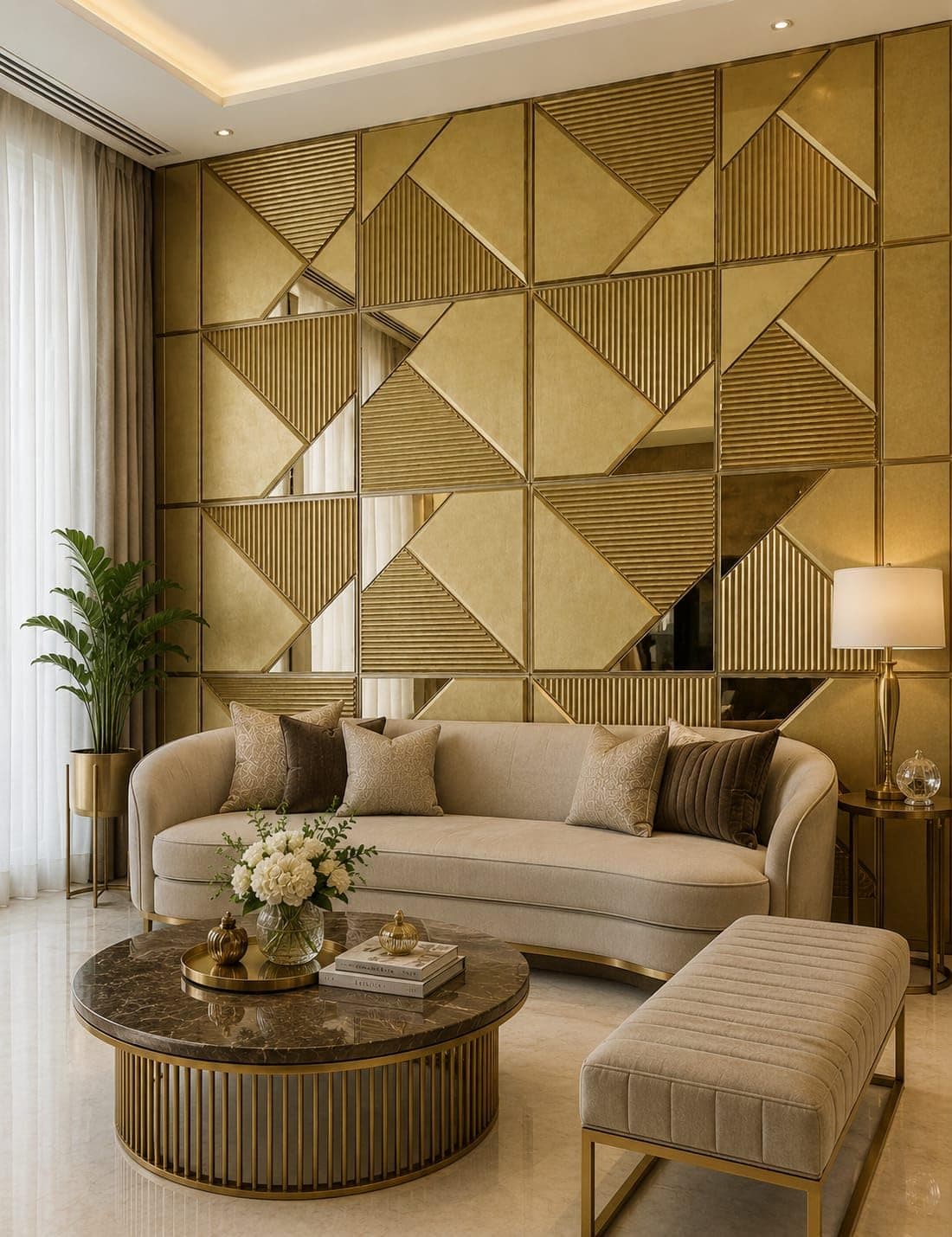 RoseCraft Glossy Golden 3D PVC Wall Panel -Louver– Decorative Acrylic PVC Tiles,Waterproof, DIY Easy‑Install Reflective Accent|50cm X 50CM (Pack of 10 pcs)
