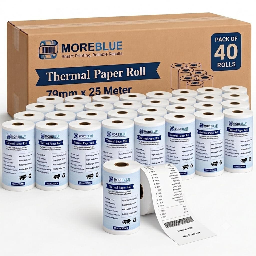 MOREBLUE® 3 Inch Thermal Paper Rolls (79mm x 25m, 55 GSM) | Ink-Free BPA-Free Receipt Paper for POS Machine, Billing Machine & Thermal Printers Pack 40