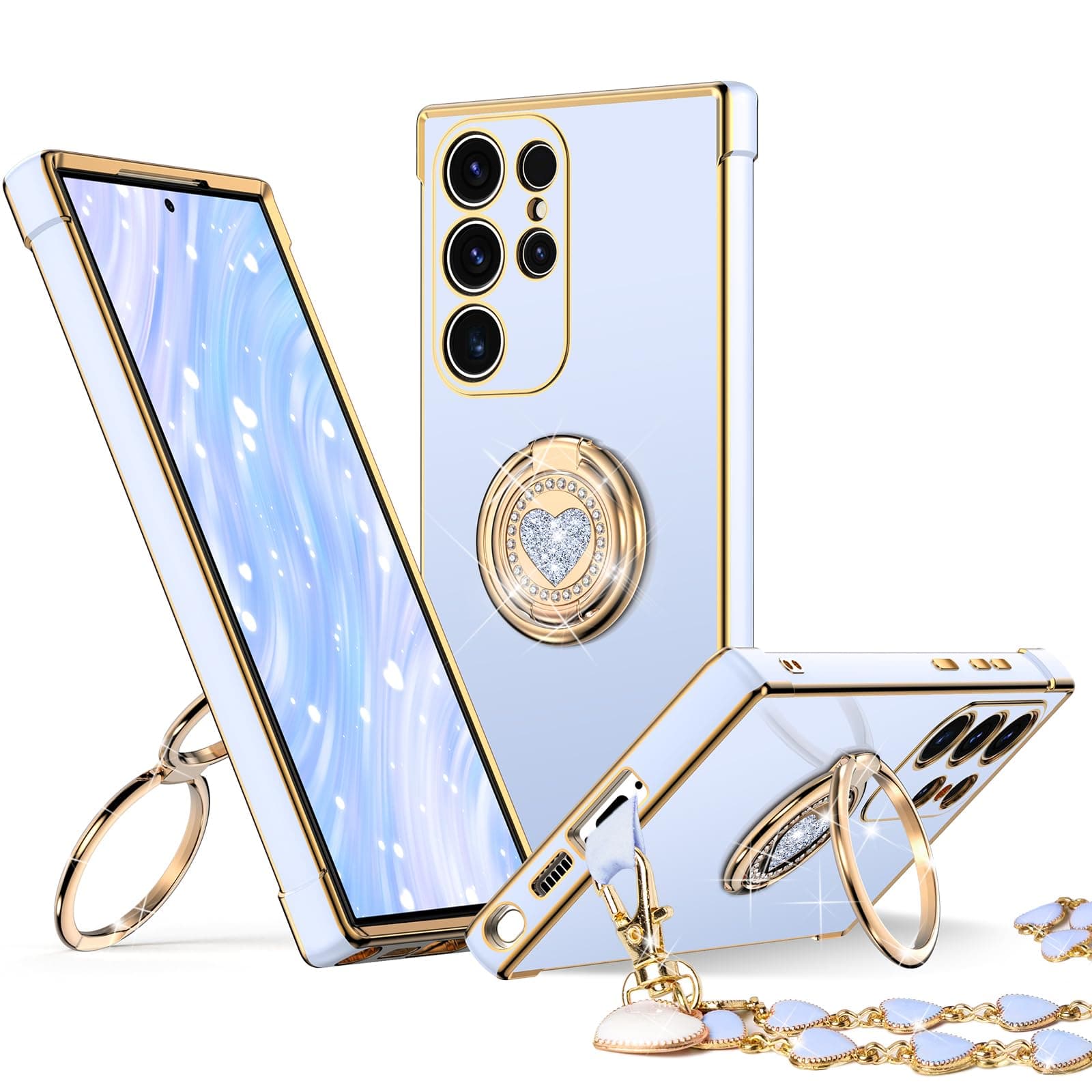 XYZ for Galaxy S25 Ultra Back Cover Case with Stand, for Samsung Galaxy S25 Ultra Cover with Double Ring Kickstand, Women Girls Cute Love-Heart Protective Phone Case for Samsung S25 Ultra, Blue