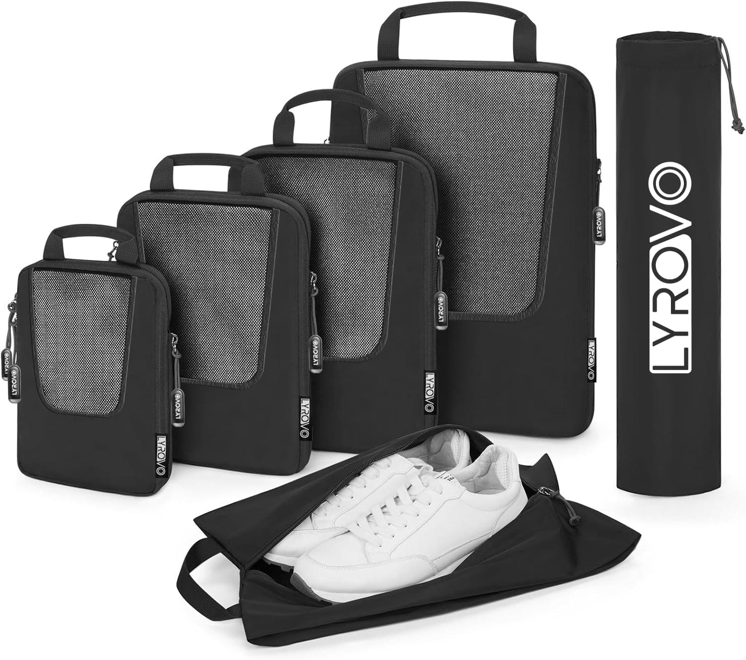 Lyrovo Polyester 6 Set Compression Packing Cubes Travel Accessories Expandable Packing Organizers Pouch (Black)