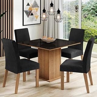 Madesa 4 Seater Dining Set Square Glass Table Top Sturdy Wooden with Fully Cushioned Seats 90 Cm for Dining Room and Kitchen - Brown/Black
