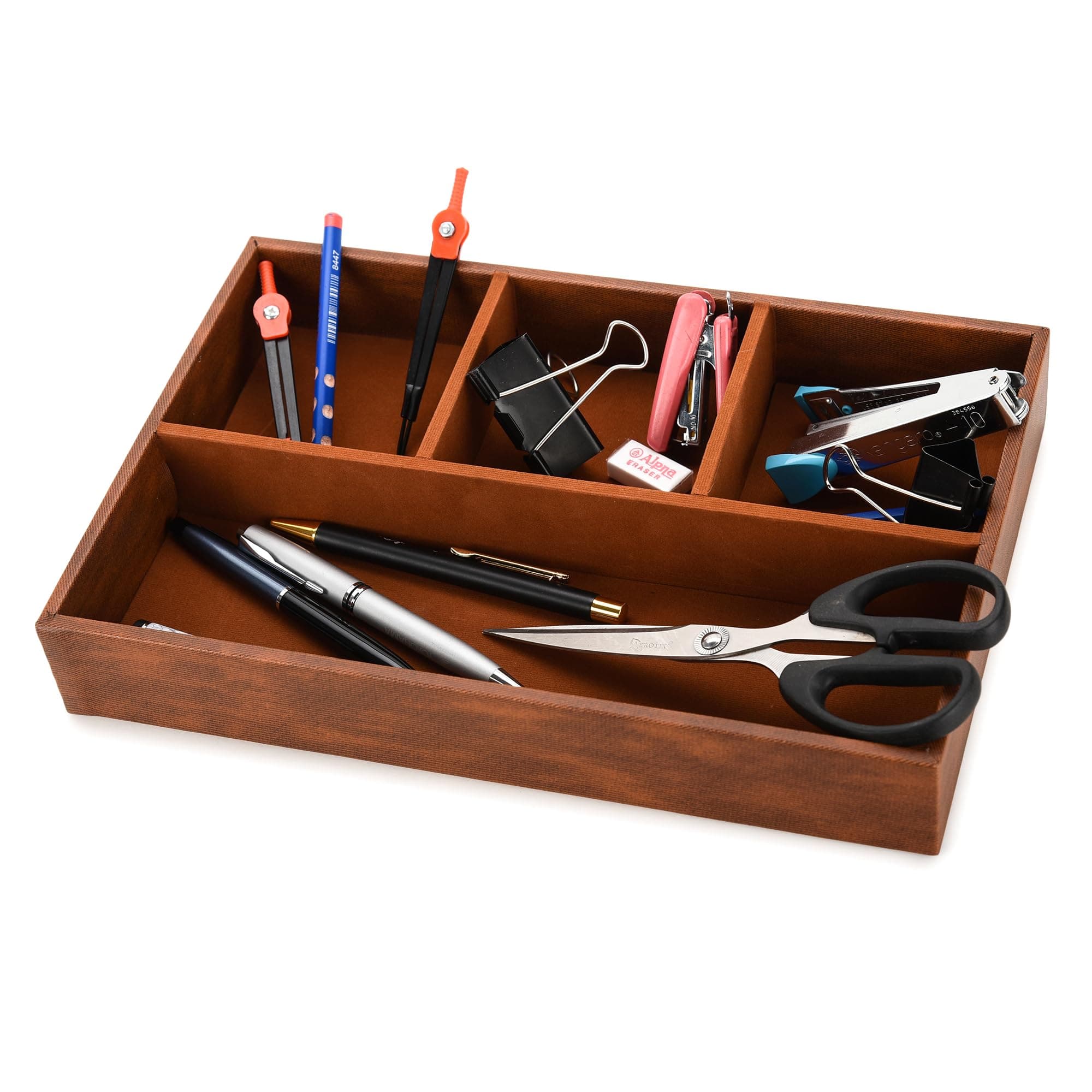 AZYEEA Desk Organizer Tray Faux Leather 4 Compartment for Multi-Functional, Office, Study Table, Cosmetic Organizer in Tan