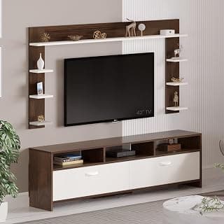 BLUEWUD Mannsae Plus Engineered Wood TV Entertainment Unit Set Top Box Stand/TV Cabinet Panel with Shelves for Books & Décor Display Unit Bed Living Room Upto 65 Inches - DIY (Brown Maple & White)