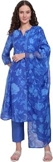 W for Woman Blue Floral Printed Lace Flared Kurta, Pants and Dupatta Set