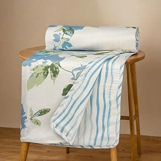 HUESLAND 100% Cotton Reversible Dohar Single Bed Cotton | Soft Cambric Weave, Lightweight AC Blanket for Summer & All Weather Use | 56 x 89 inches, Floral Fusion - Cream, Carolina Blue & Green