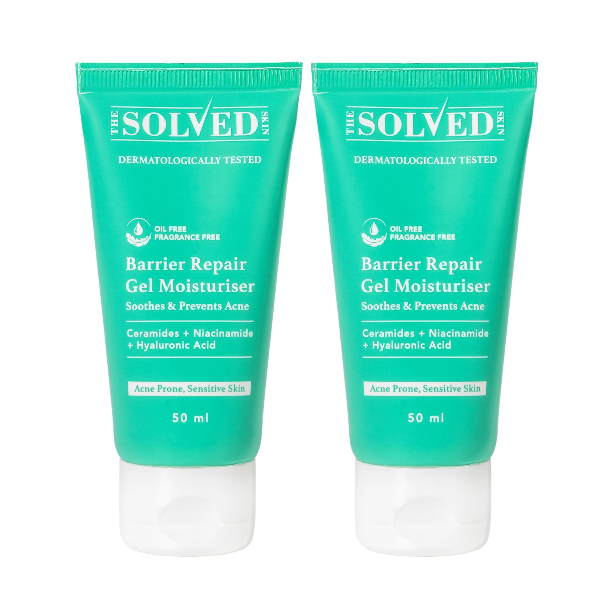 The Solved Skin Barrier Repair Gel Moisturizer for Acne-Prone Skin | 1% Ceramide Complex Stops Irritation, Dryness & Redness | Lightweight, Non-Greasy, Won't Clog Pores | Fragrance-Free | 50ml (Pack of 2)