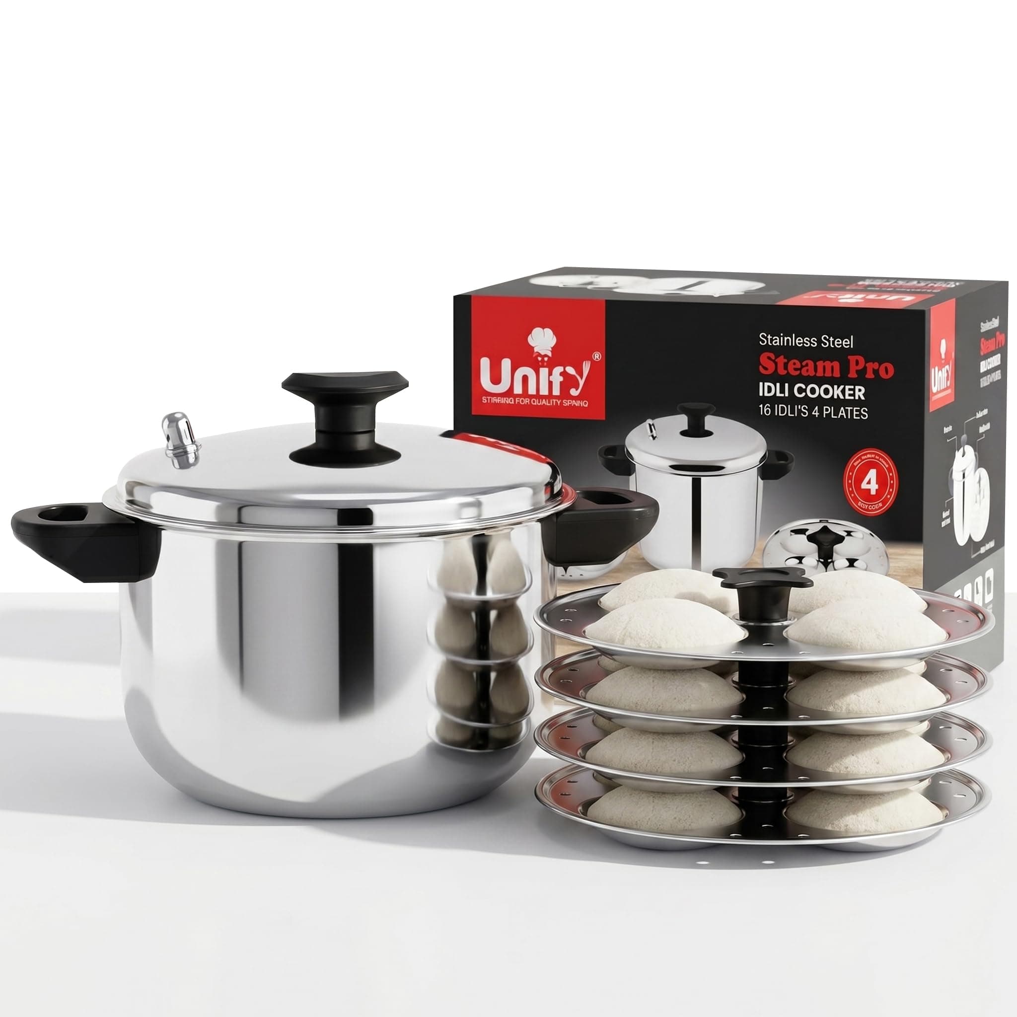 Unify Stainless Steel Idli Maker 4 Plates | Induction & Gas Compatible Idli Cooker | Sandwich Bottom Steamer with Lid | 16 Idli Capacity | Durable, Rust-Resistant & Easy to Clean