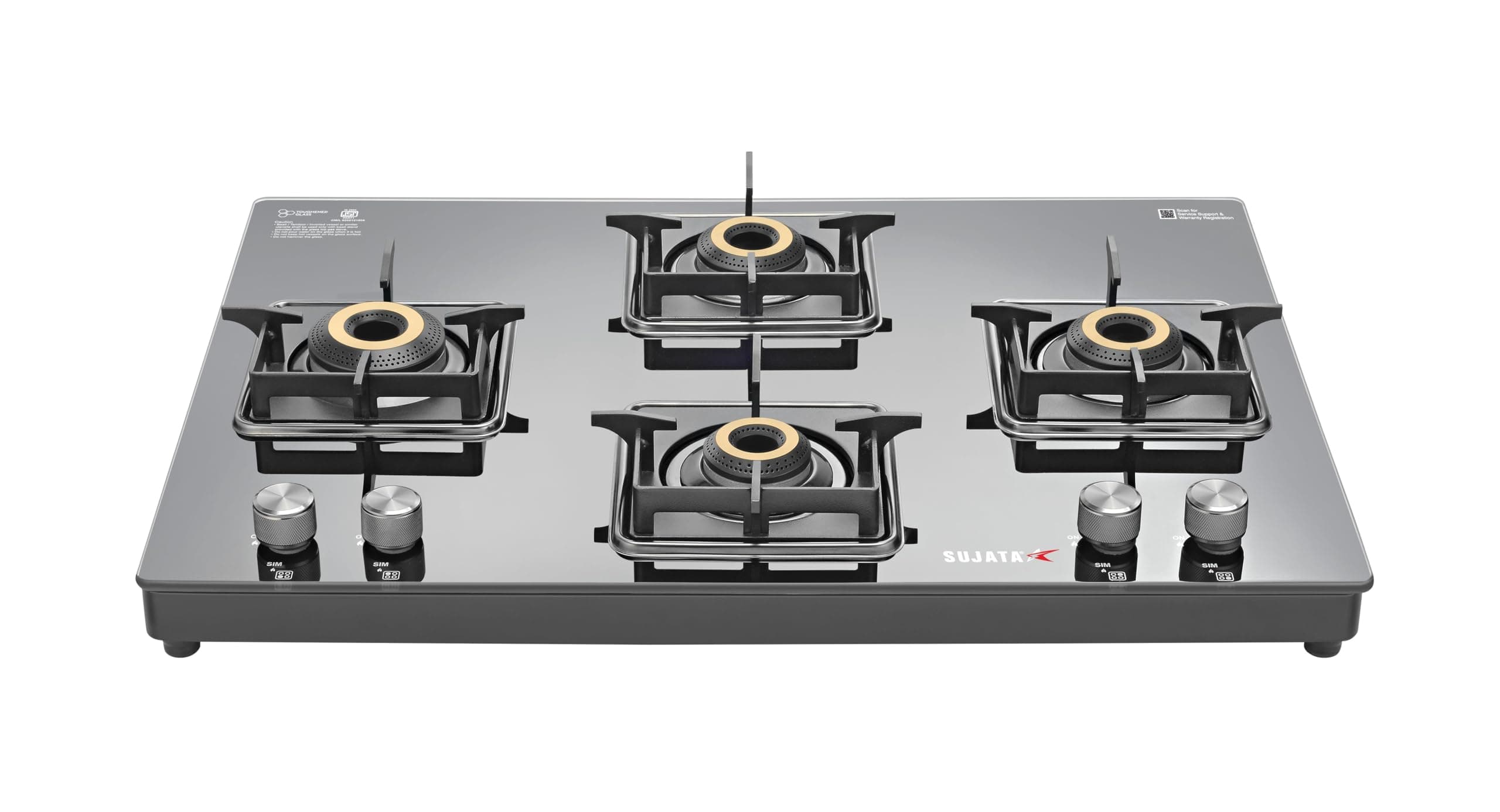 Sujata Premium Cross Gas Stove 4 Burners Glass Top | 9 Years Warranty | 4 Burner Gas Chulha with Jumbo Brass Burners | SABAF | ISI Certified | LPG & PNG Compatible | 360° Rotating Brass Nozzle (Black)