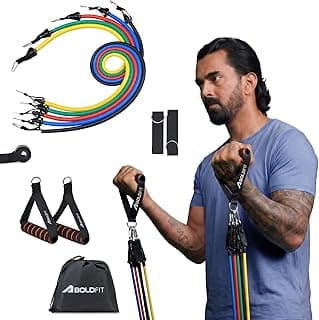 Boldfit Resistance Band Set with Handles, Portable Toning Tubes with Door Anchor & Foam Handles. Resistance Tube Kit with Bag and Ankle Straps Included. (11 Pieces Tube Set), Multicolor, L