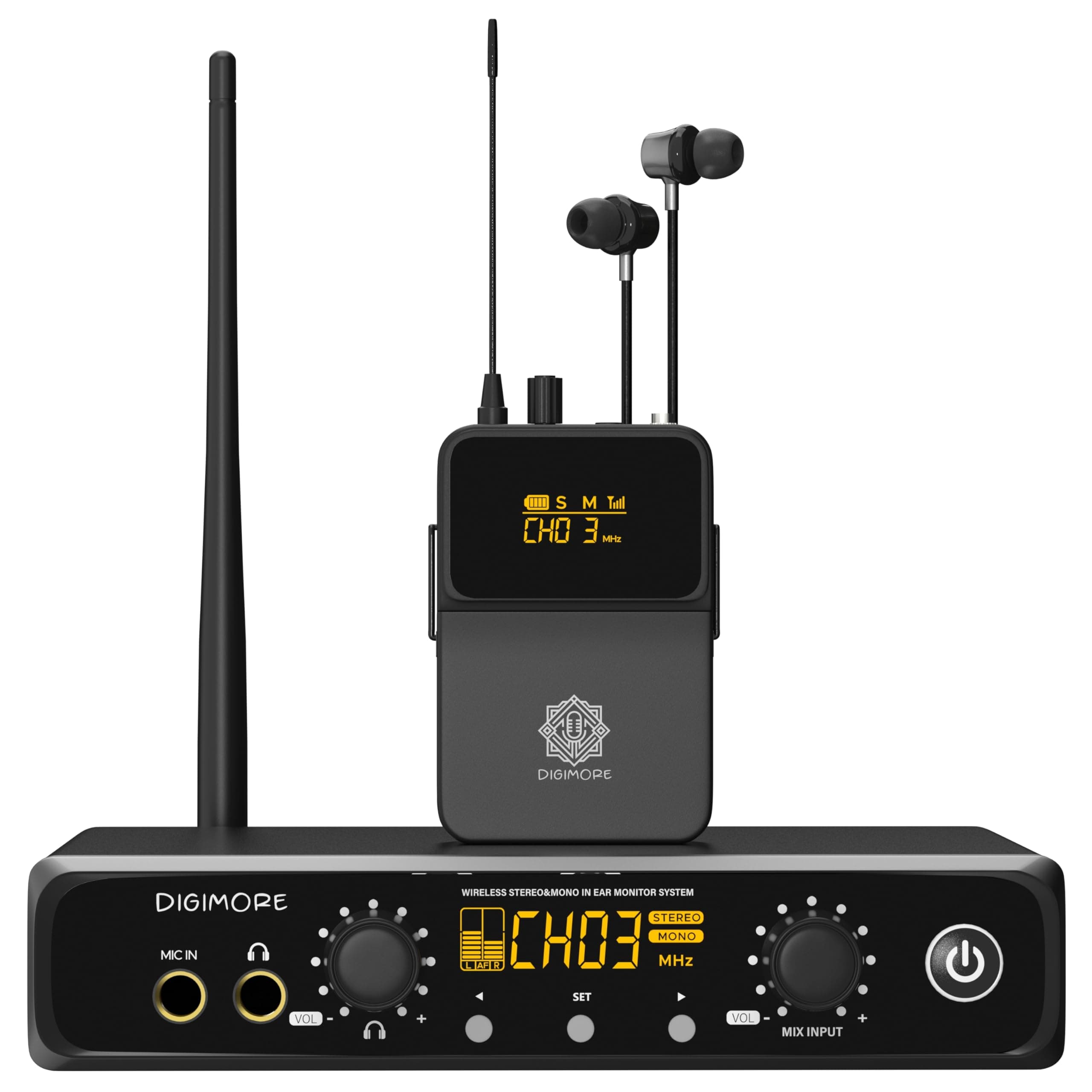 DIGIMORE Wireless in-Ear Monitor System with Earphones | 328 Ft Range | Rack Mount | Professional Stereo Sound Transmitter | for Studio, Guitar, Band Rehearsal, Live Performance (D-800 Pro)