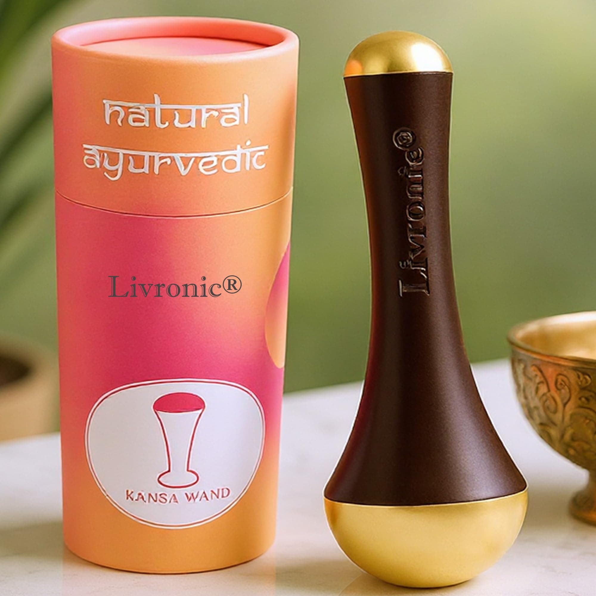 Livronic® Ayurvedic Double Dome (Both Side Vatki) Kansa Wand Face, Body & Foot Massager With Wooden Handle For Detoxification And Deep Relaxation (Pack of 1 Dark Brown)