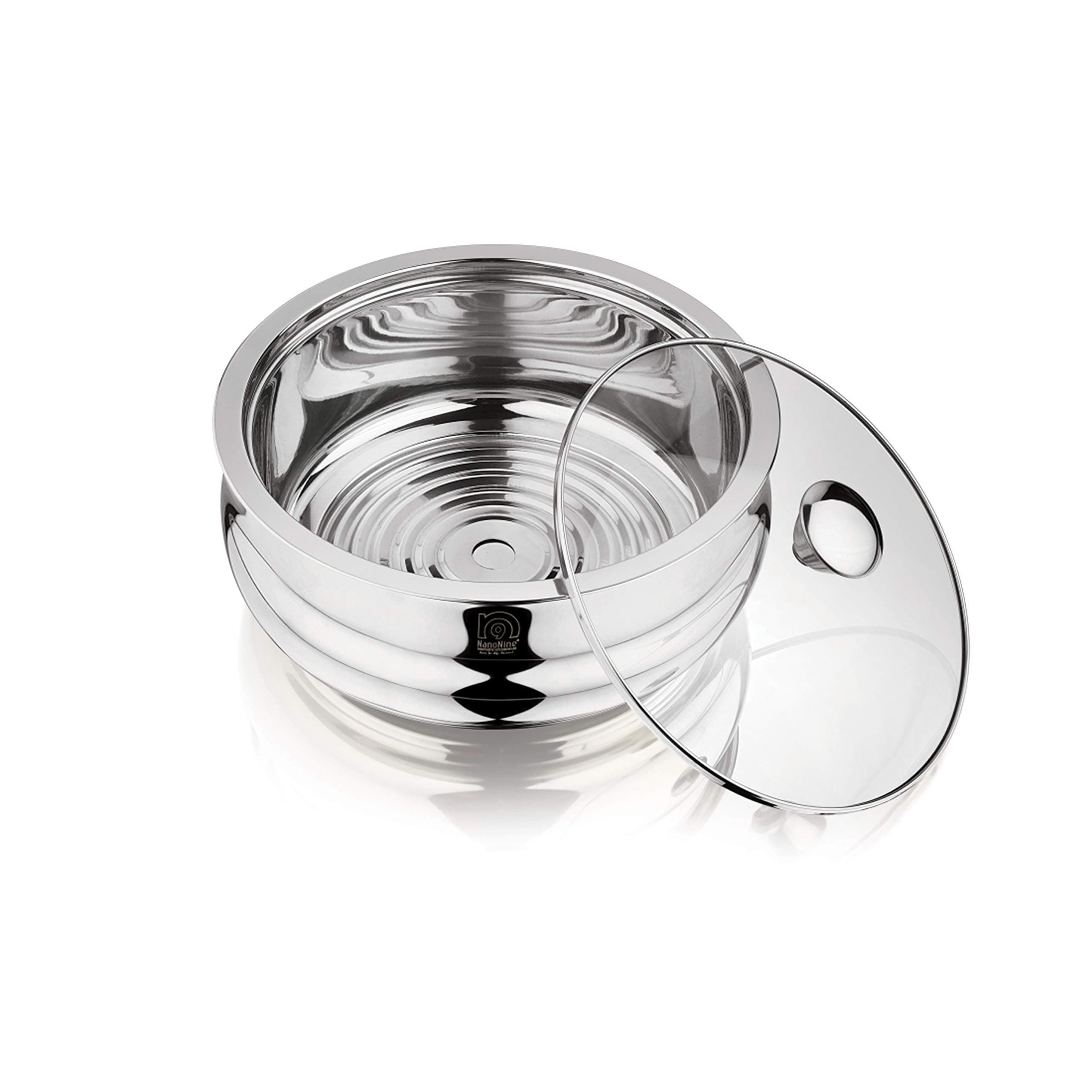 NanoNine Chapati Server Belly Double Wall Insulated Stainless Steel Casserole Serve Fresh Casserole with Steel Coaster and Glass Lid, 1.24 L, 1 pc, Small