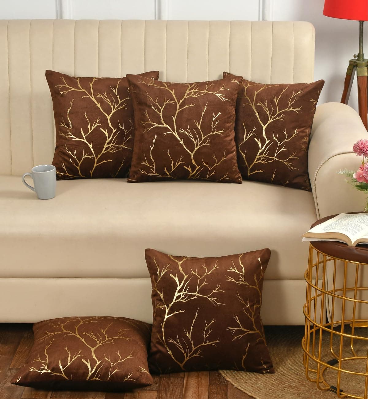 Stuffique Velvet Foil Cushion Covers 20 inch x 20 inch Set of 5, Brown