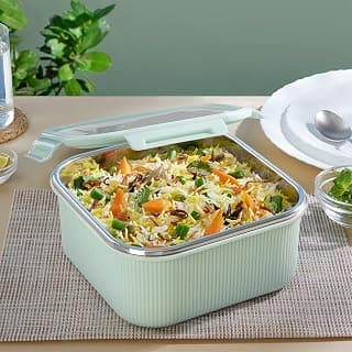 Larah by BOROSIL Freshbyte 1600 ml Square Food Storage Container with Airtight Stainless Steel Lid | Fridge Container for Lunchbox | Food Grade Steel | Microwave Safe | Green