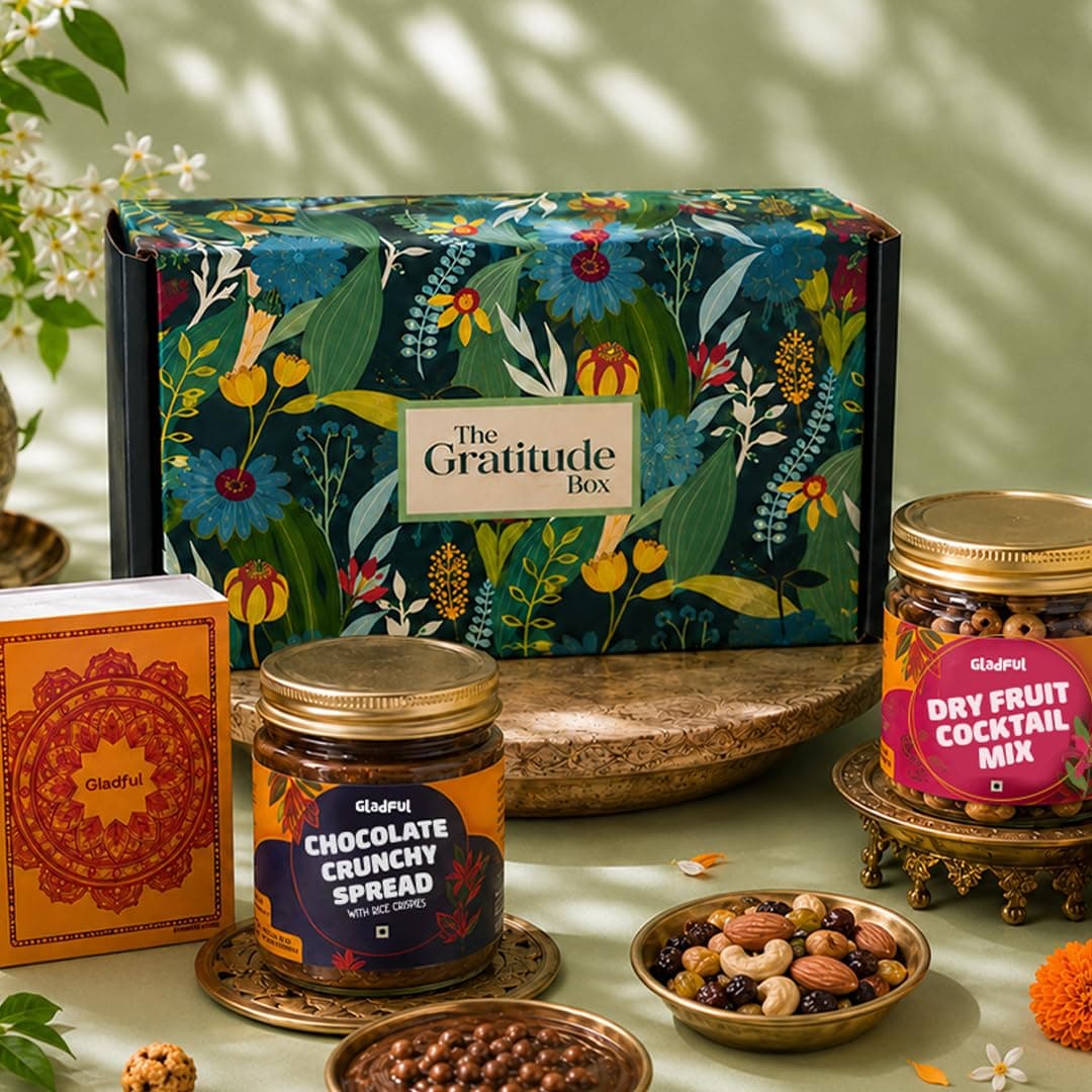 Gladful Premium 5 Items Rakhi Gift Box | Blue Gratitude Hamper with Cocktail Nut Mix, Crunchy Chocolate Spread, Rakhi & Greeting Card | Luxurious Raksha Bandhan Gift