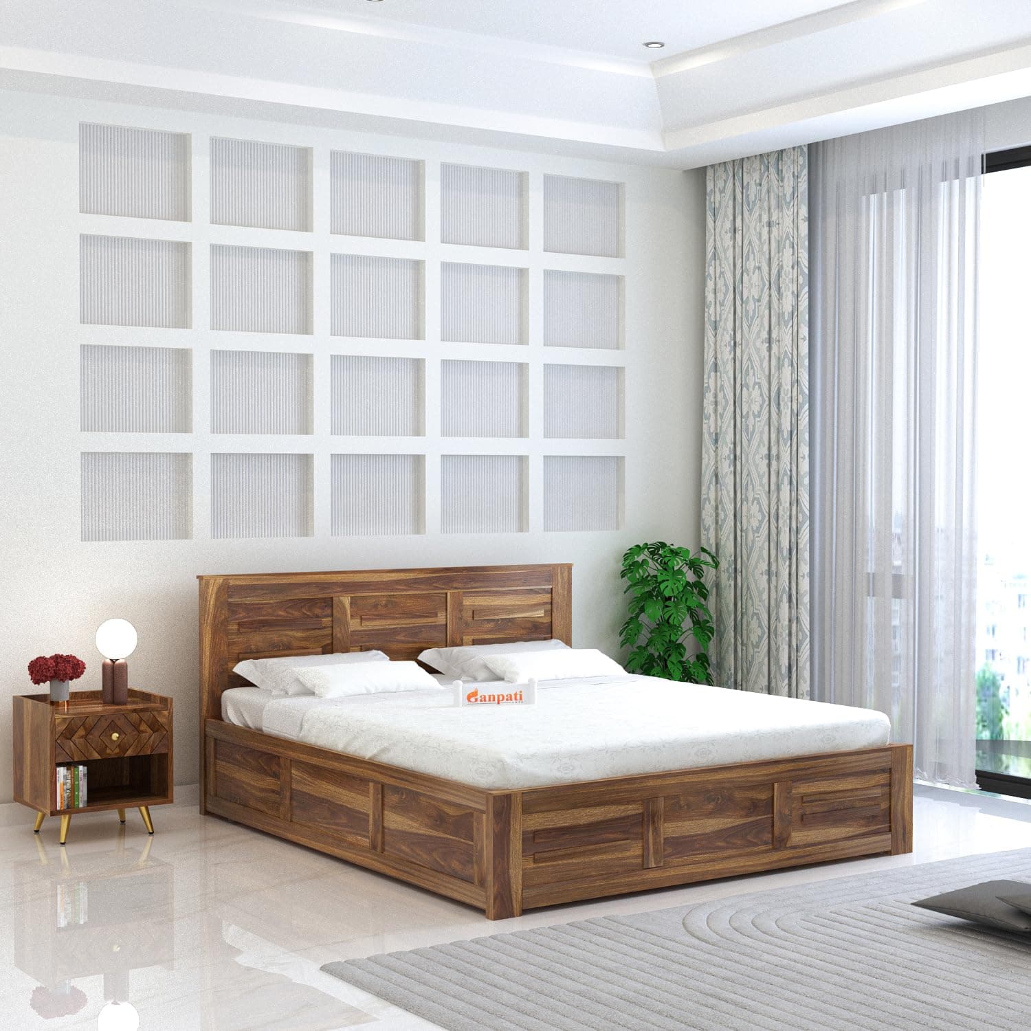 Ganpati Arts Sheesham Wood Swiss King Size Bed with Box Storage | Wooden Double Bed Cot Palang Furniture for Bedroom Living Room Home Hotel (Teak Finish)