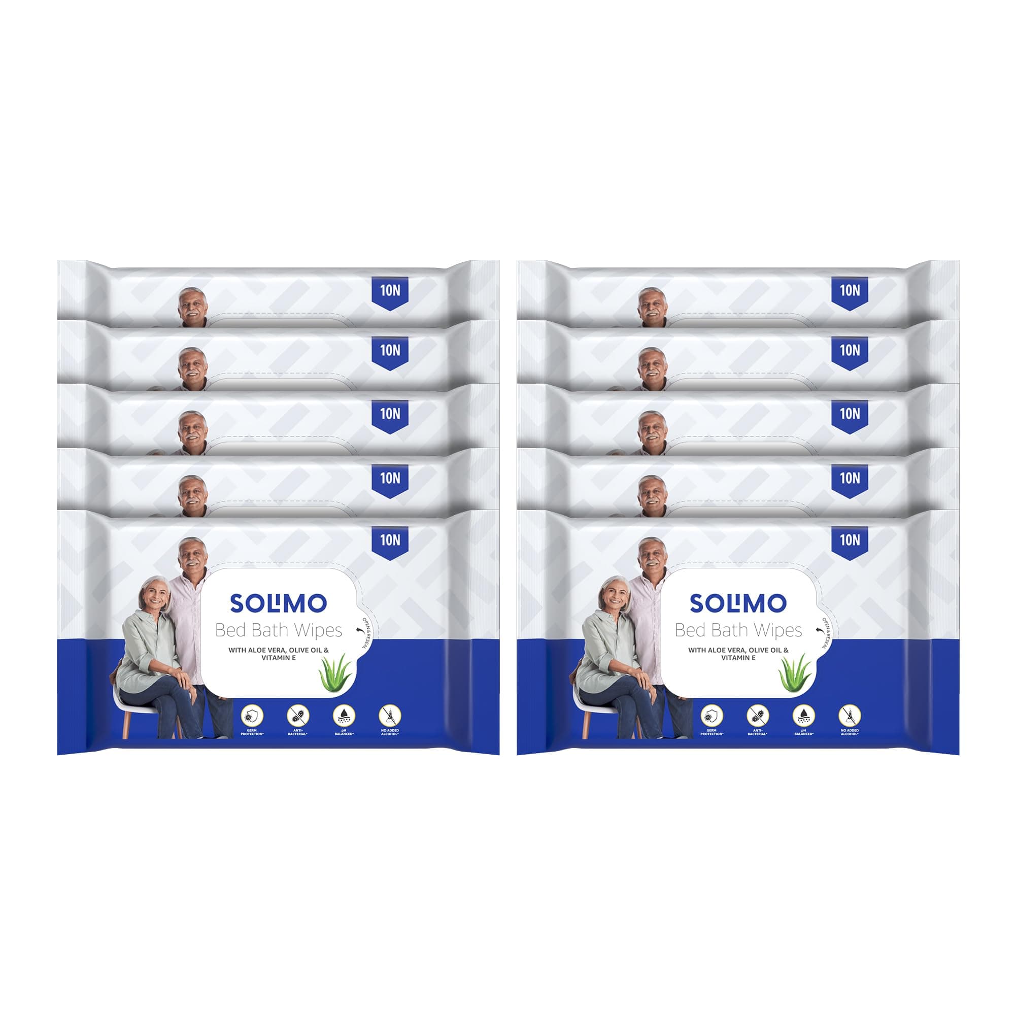 Amazon Brand - Solimo Adult Bed Bath Wipes | Count 100 | 10 Wipes x 10 Packs | With Aloe Vera, Olive Oil & Vitamin E | Advanced Germ Protection | pH Balanced | Alcohol & Parabens Free