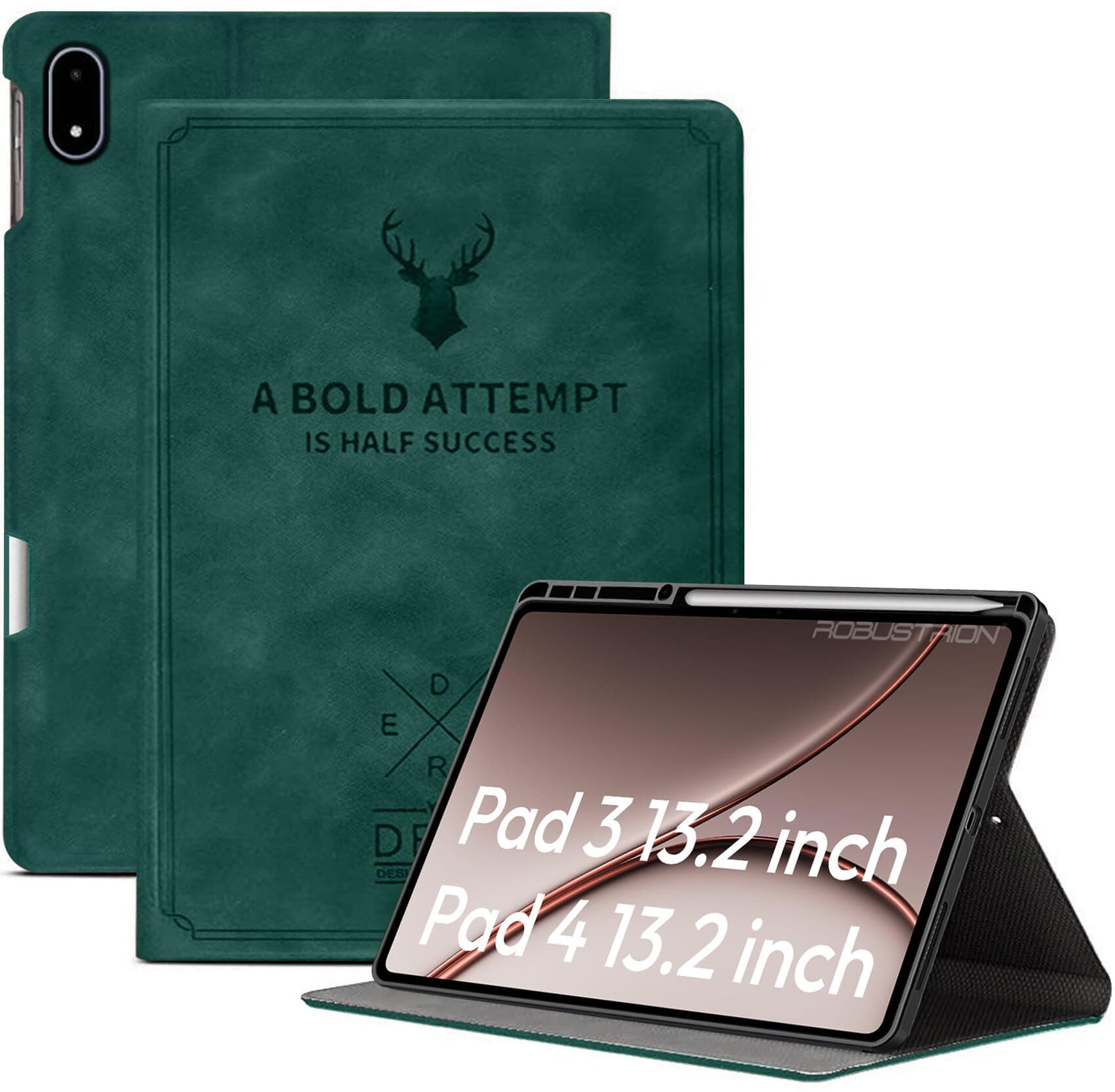 Robustrion Cover Case for OnePlus Pad 4 / OnePlus Pad 3 13.2" Cover with [Pencil Holder], Deer Pattern Cover Case for One Plus Pad 4 / Pad 3 Cover 13.2" - Dark Green