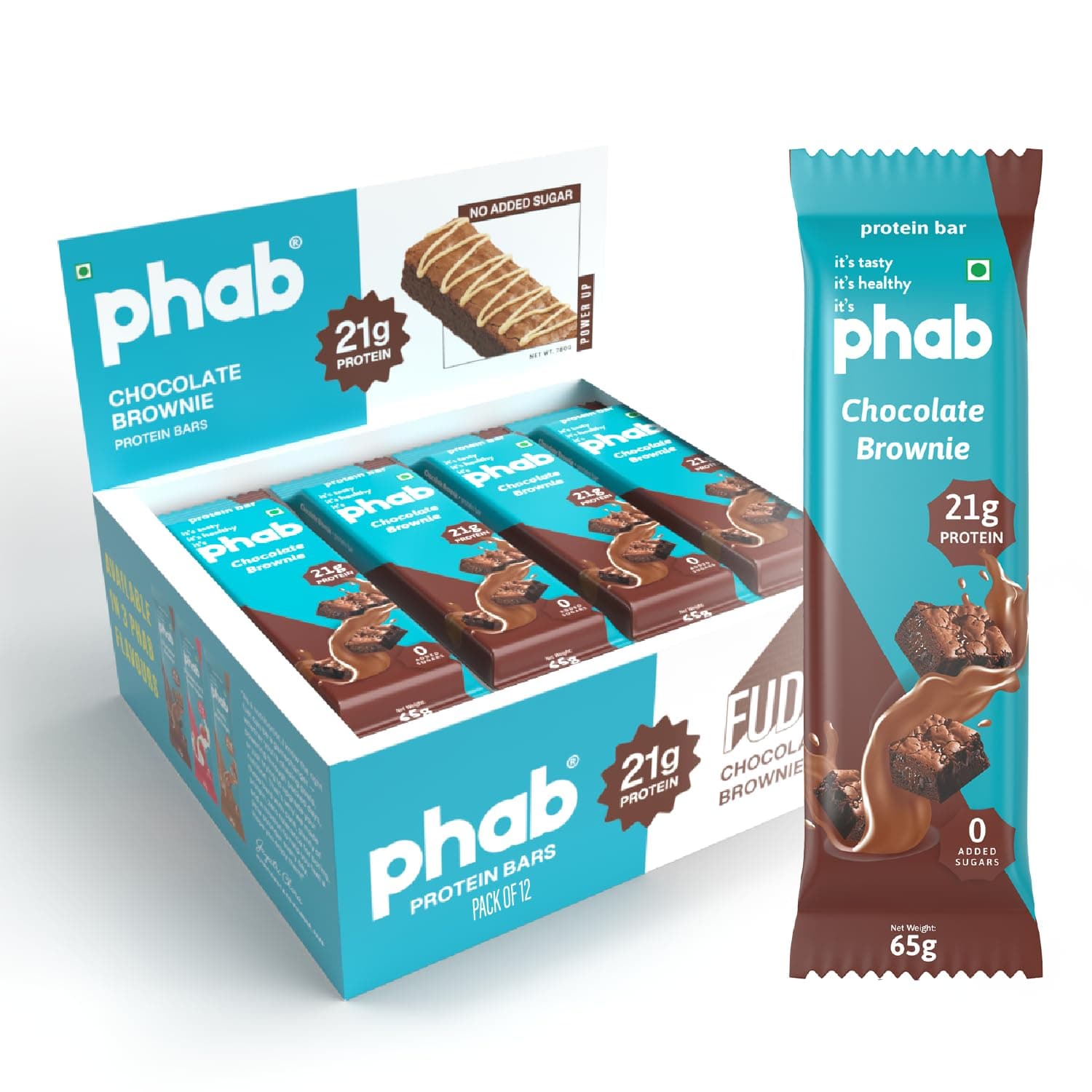 Phab Protein Bars Chocolate Brownie with 21g Protein, 8g High Fibre & 0 Added Sugar 100% Vegetarian | Healthy & Tasty Protein bar | Trans Fat-Free & No Preservatives Protein bars (Pack of 12 x 65g)