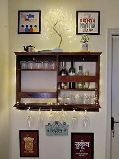 Wooden Wall Mounted Wine Rack, Bar Cabinet with Glass Storage, Wall Hanging Mini Bar for Home Wine Rack/Holder Upside Down Glass Hanging Organizer Size 33x24 Inch (sheesham Wood) Natural Finish