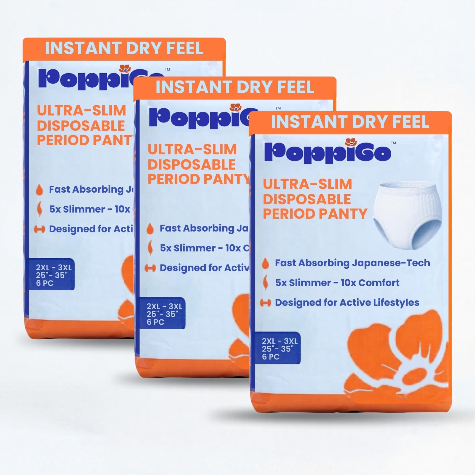 Poppigo Ultra-Slim Disposable Period Panty for Women & Girls | Slim Like Underwear | Leak-Proof Heavy Flow Protection | (2XL-3XL) |18 Pcs (6Pc x3Packs) | 45" -55" | Overnight & Gym