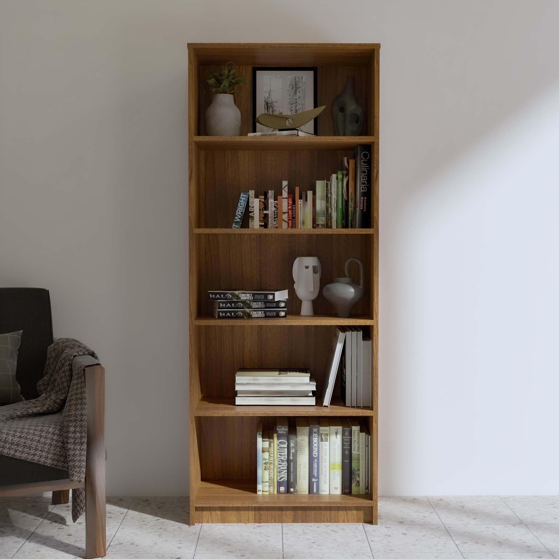 NEUDOT Bravo Engineered Wood 5-Shelf Open Bookshelf Cabinet | Book Rack Organizer for Decor & Display | Floor-Standing Bookcase for Home, Office & Library | Leon Teak Finish