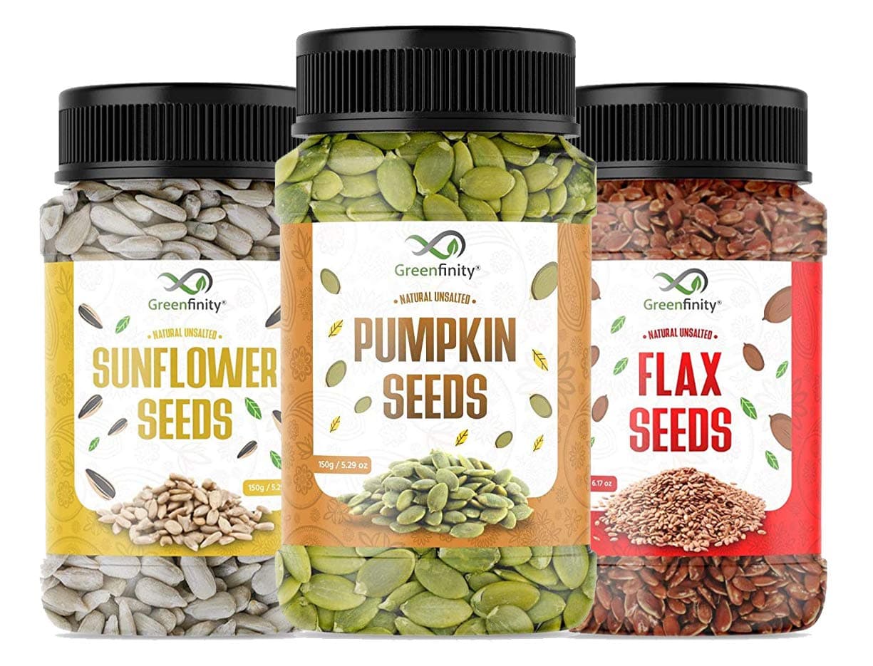 GreenFinity Seeds Combo 475g Pumpkin (150g), Sunflower (150g), and Flax Seeds (175g) for a Nutrient-Rich Snack and Healthy Diet