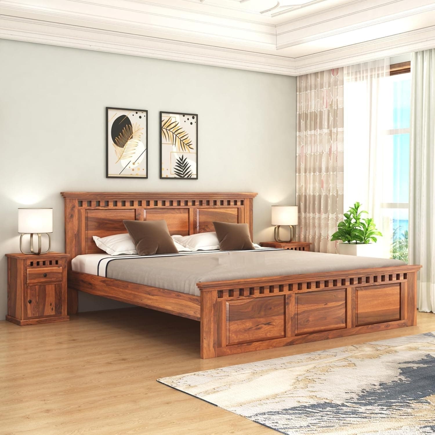 AMBICA WOODMART Solid Sheesham Wood King Size Bed with Headboard, Without Storage Cot, Double Bed Furniture for Livingroom, Bedroom, Guestroom, Hotelroom Areas