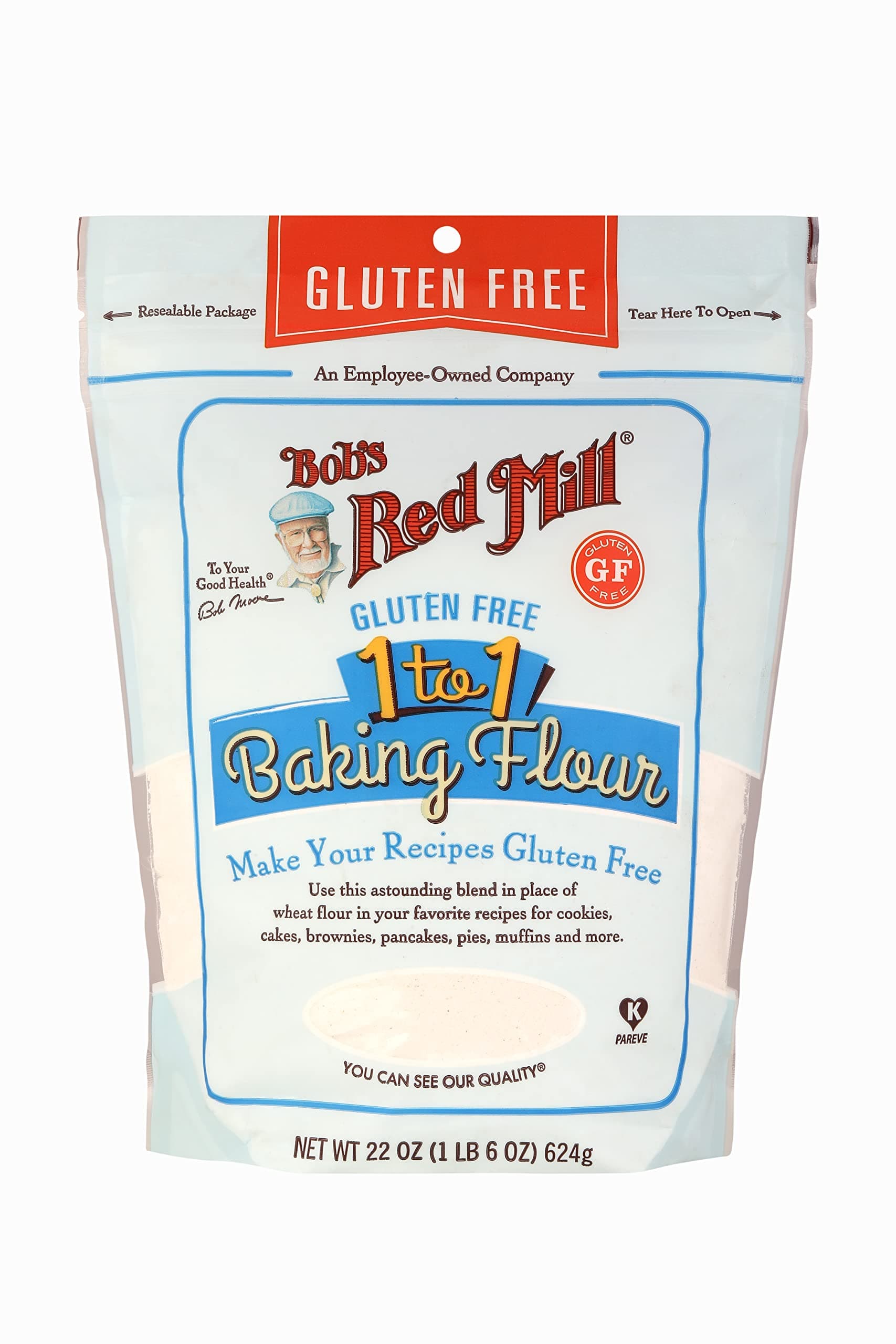 Bob's Red Mill Gluten Free 1 to 1 Baking Flour | All-Purpose Flour Substitute for Baking & Cooking | Ideal for Cakes, Cookies, Muffins, Brownies, Pancakes, Pies & Bread | Wheat Flour Replacement | Resealable Pack | 624g