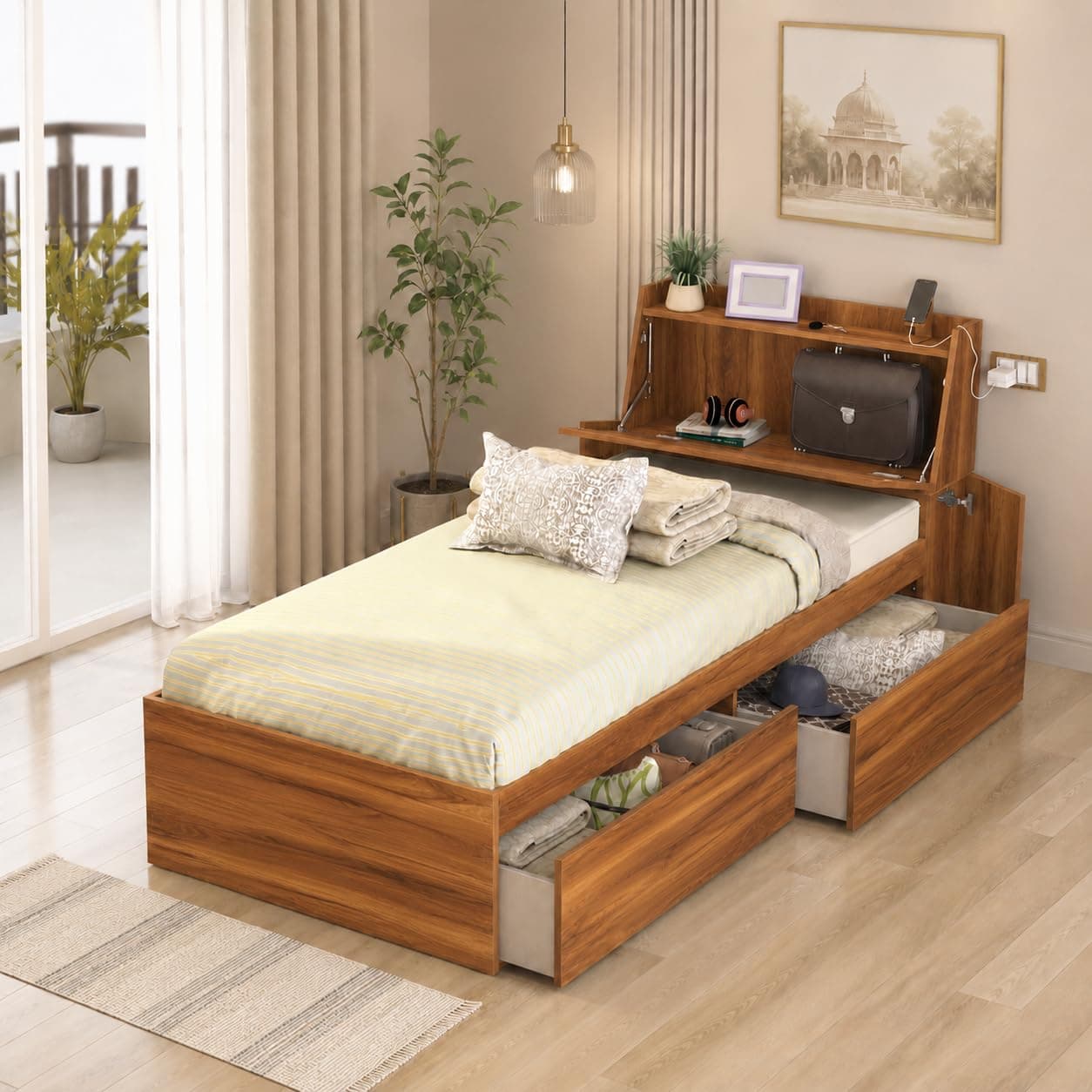 Studio Kook Tribe Headboard Storage Engineered Wood Single Bed with Drawers (Amber Walnut, Right Side Drawer)