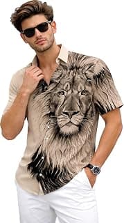 Ngiva Men's Watercolor Lion Print Button-Down Shirt, Short Sleeve, Casual Summer Wear, White
