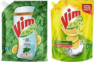 VIM Dishwash Anti Smell Liquid, Pudina, 2 Ltr&Vim Dishwash Liquid Gel Lemon Refill Pouch, 2 Ltr Dishwash Gel Infused With The Power Of Lemons Leaves No Residue