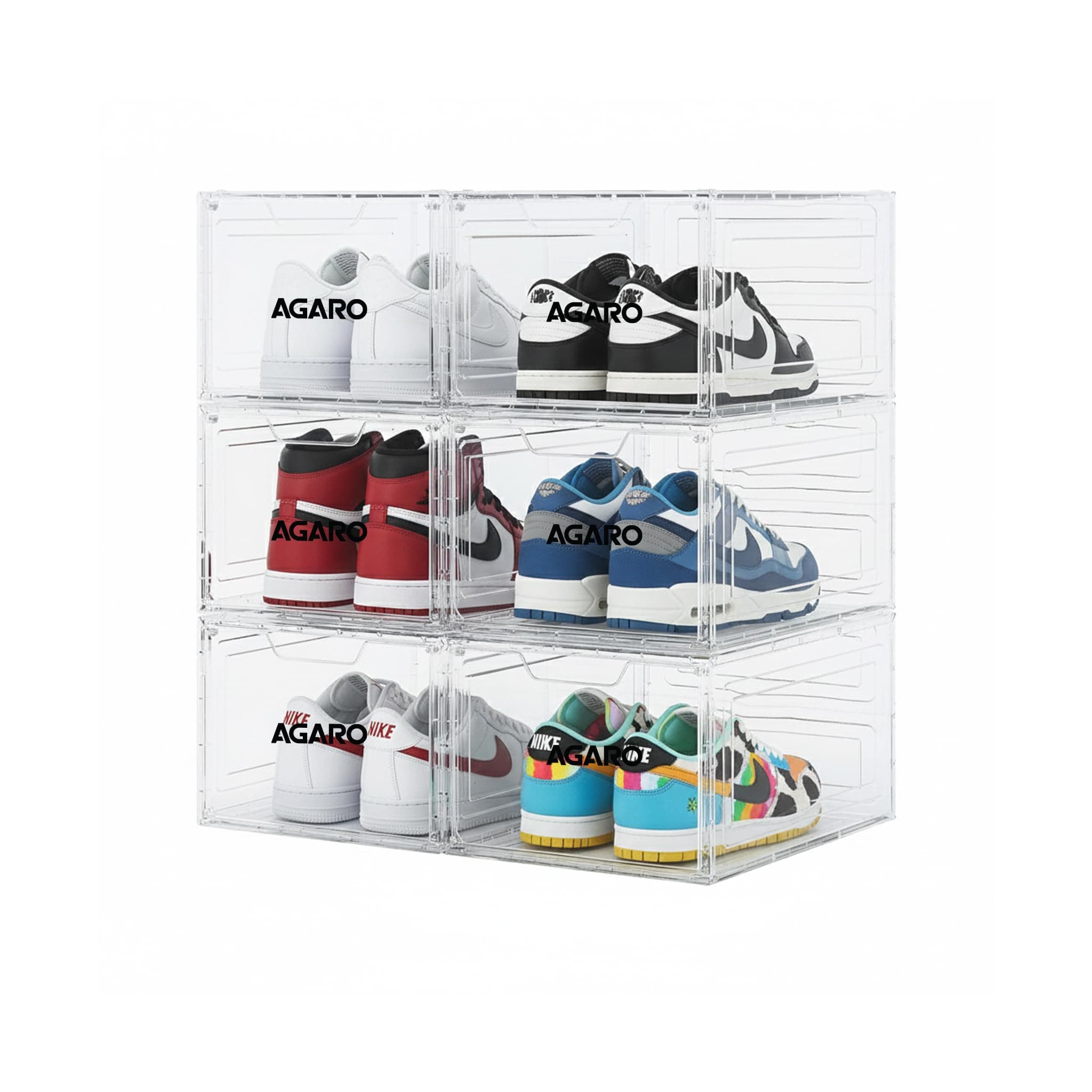 AGARO Stackable Shoe Storage Box Organizer | Heavy Duty, Transparent, Plastic Sneaker Crates Container with Magnetic Door |Space Saving|Organizer for Men & Women| Fits up to Size UK 12 | Pack of 6