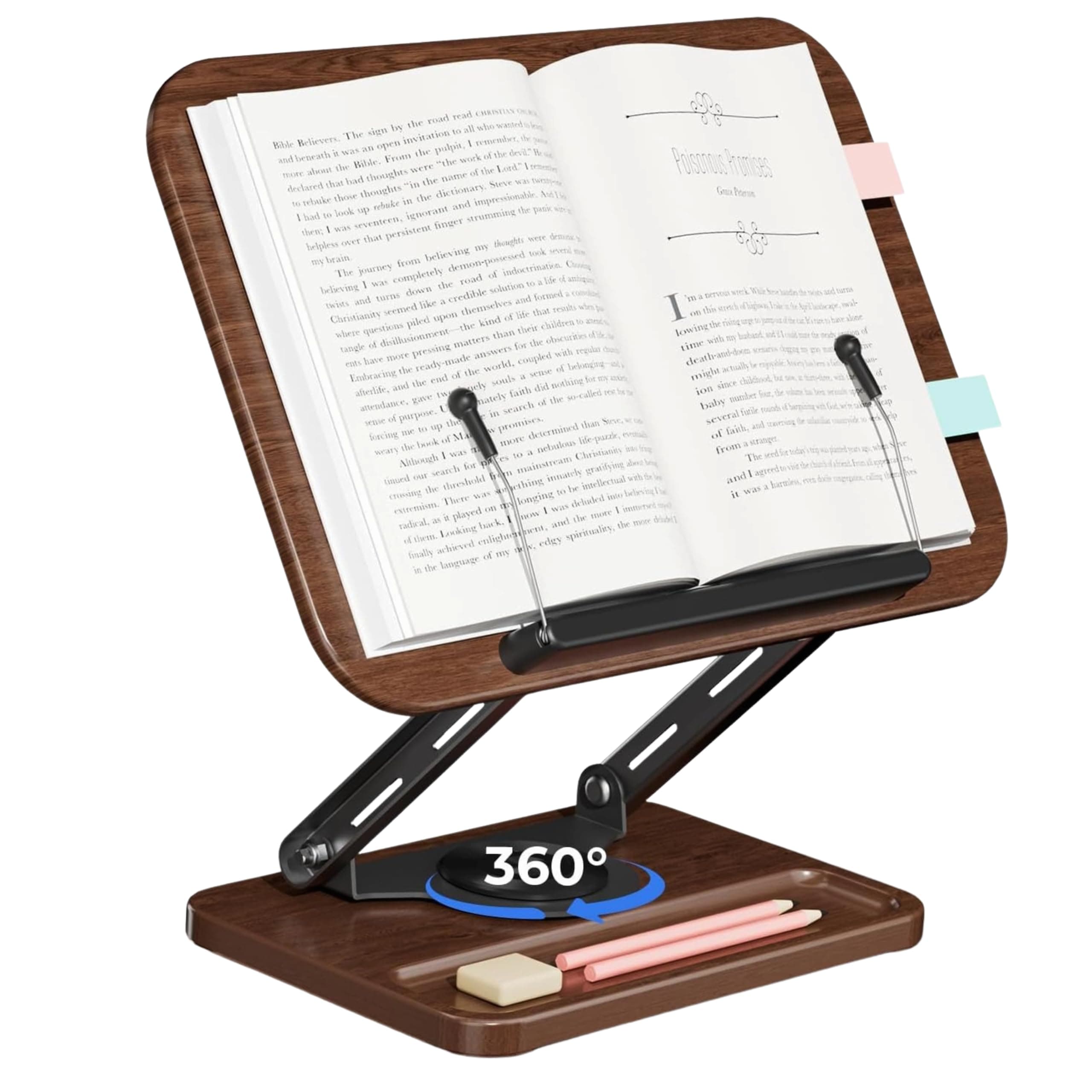 Sunchhaya New Book Stand for Reading, Writing, Painting and Used As Laptop Stand for Desk, 360 Degree Rotatable with Wooden Plate At Bottom Adjustable Height-Angle (R51C)