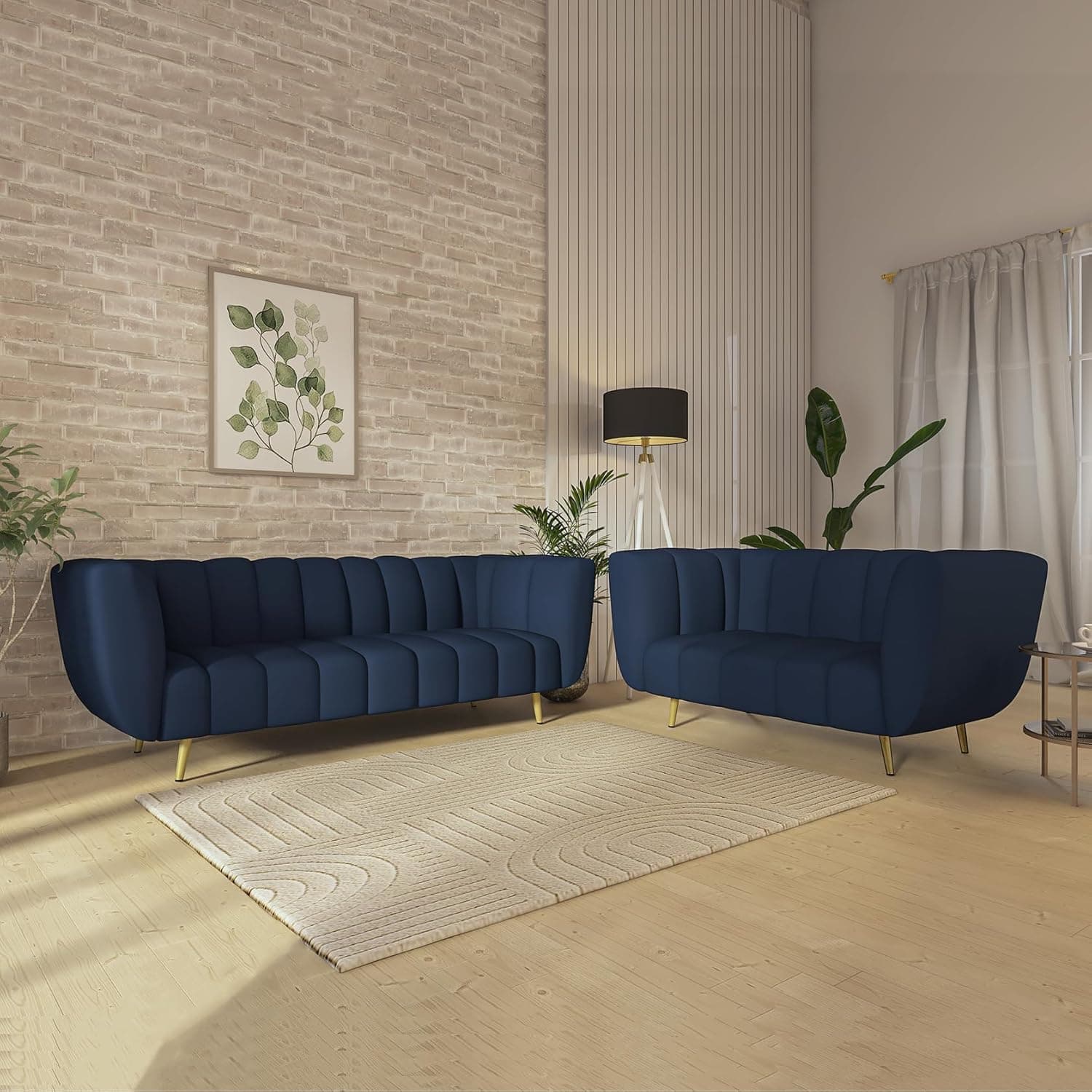Wakeup India Mushy Premium Fabric Sofa Set | Pocket Spring Cushion Upholstery Sofa Set | Padded Cushioned Armrest | Metal Leg with Golden Polish (Berry Blue,Seating-3+2) | 3 Years Warranty