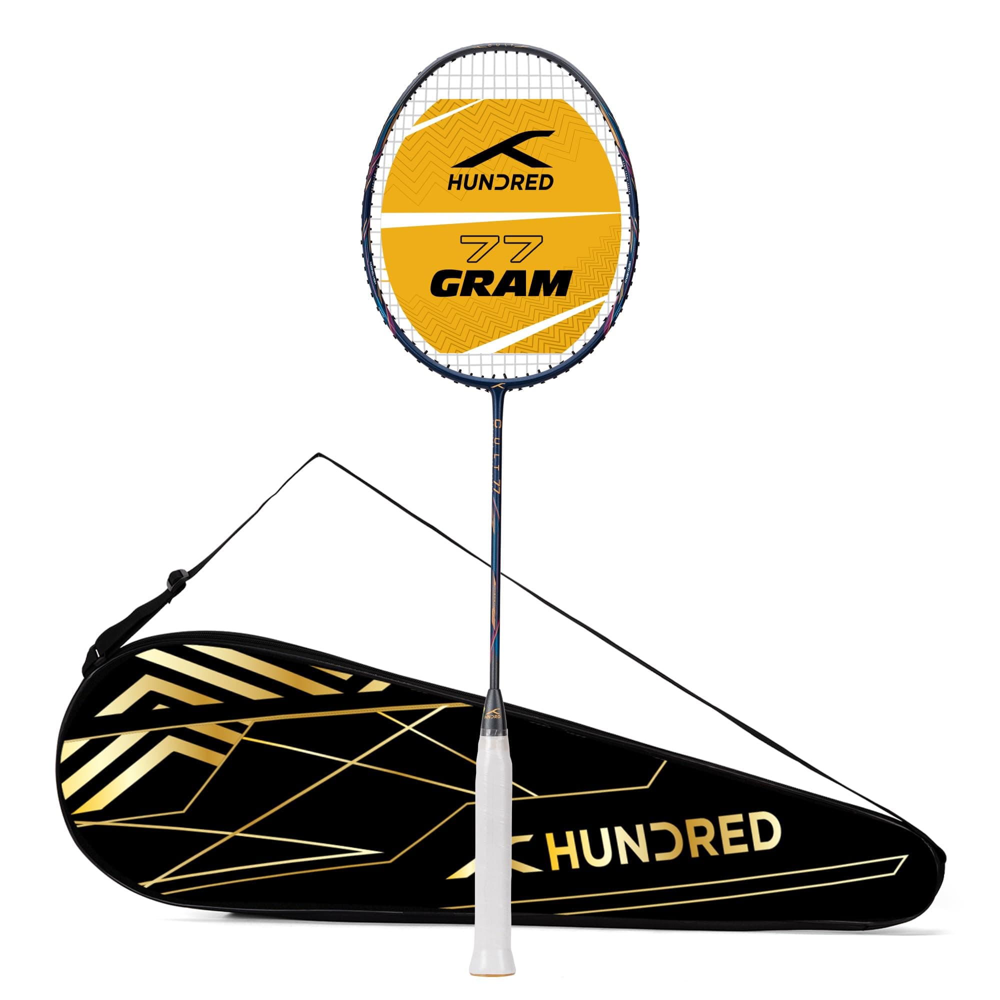 HUNDRED Cult 77 Feather Lite Full Graphite Strung Badminton Racket with Full Racket Cover for Intermediate Players (77g, Max Tension - 32 LBS)