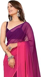 Ekasya Women's Soft Georgette Printed Ready to Wear Solid Saree and Unstitched Blouse Piece | Readymade Saree | Sari for Women | E2059