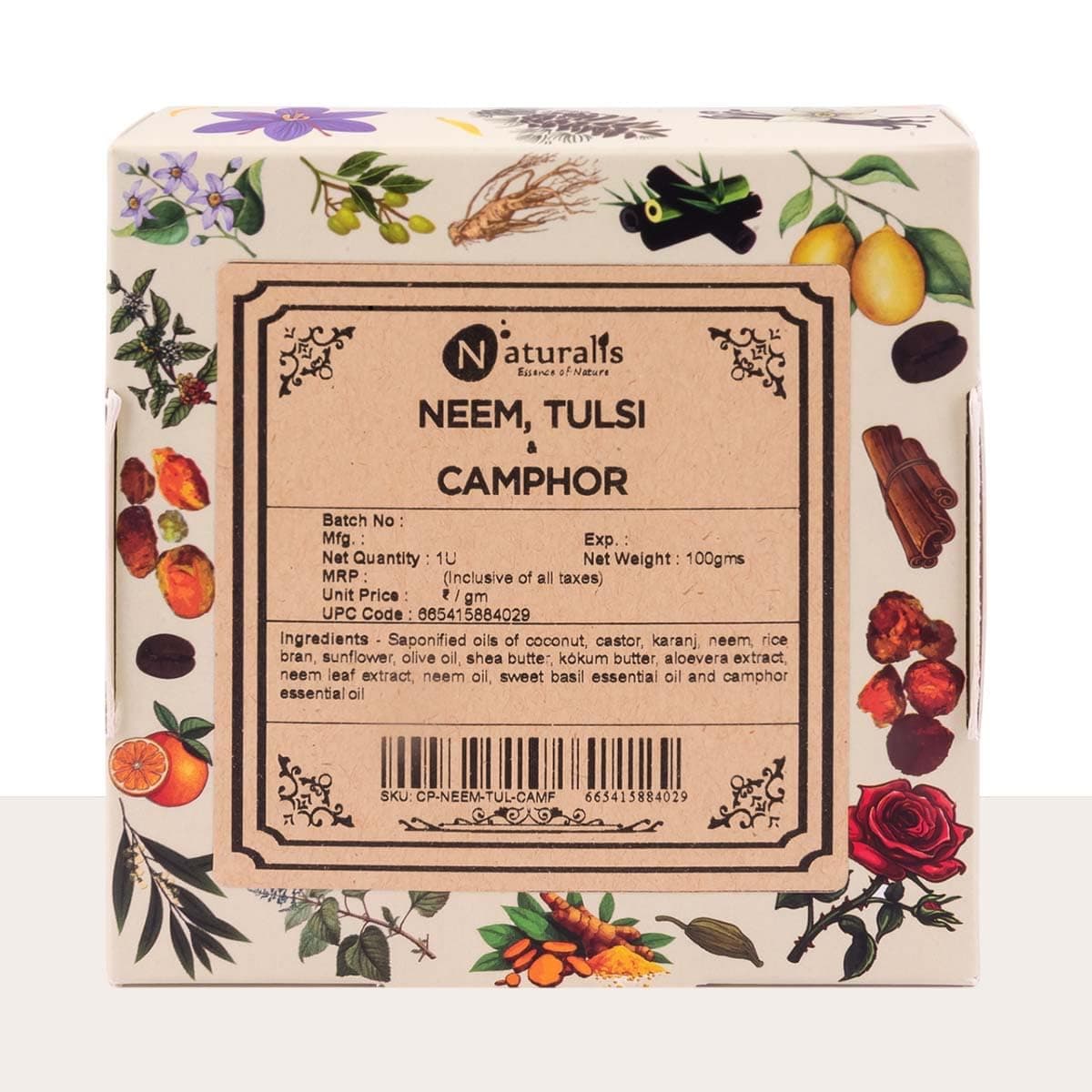 Naturalis Neem Soap for Skin Itching with Pure Camphor and Tulsi – Handmade and Organic Soap Bar, Cold-Processed Natural Skin Care, Ideal for Acne and Blemishes,100g Pack of 6