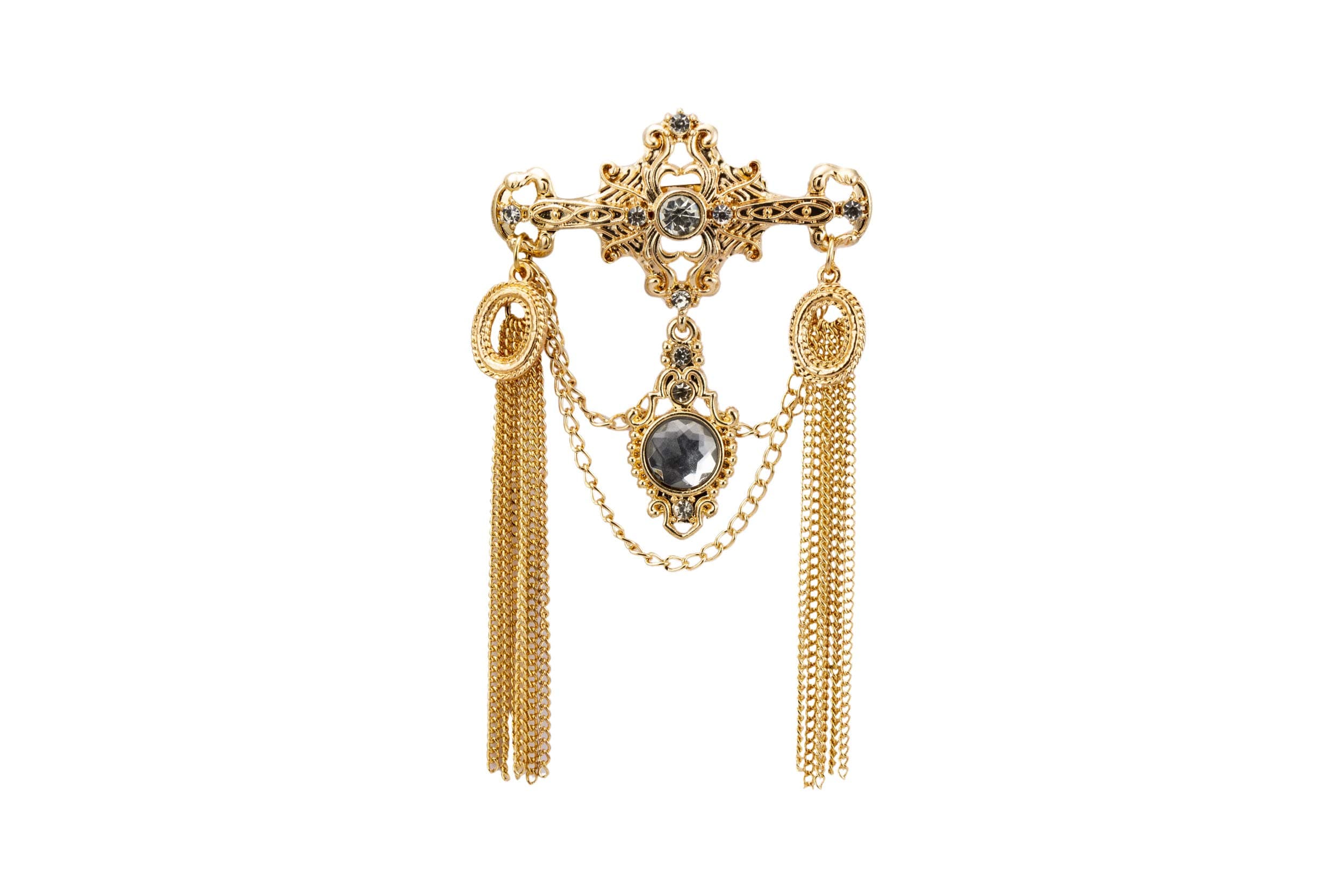 Knighthood Royal Gold Engraved Shimmery Stone and Chain Detailing Brooch