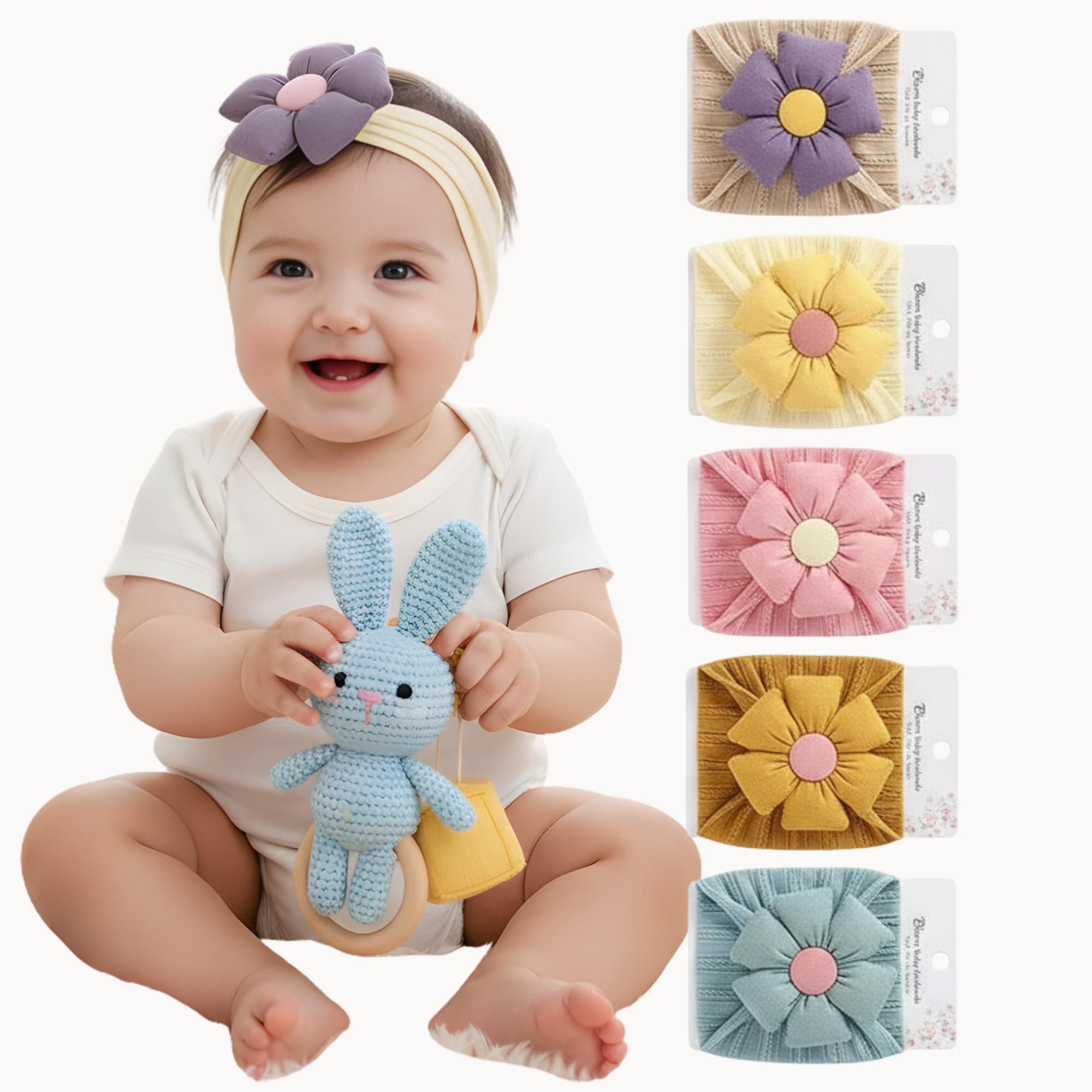 BAKEFY -6 Super Stretchy Soft Knot Headbands with Hair Bows Flower Head Wrap Hair Accessories For Newborn Baby Girls Infant Toddlers Kids