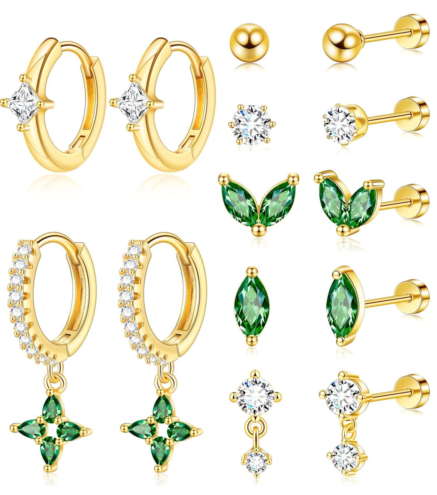 VAMA FASHIONS 7 Pairs 18K Gold Plated Stainless Steel CZ Green Emerald Stone Hoops Ear Studs Hypoallergenic Anti Tarnish Lightweight Earrings Combo Set for Women & Girls