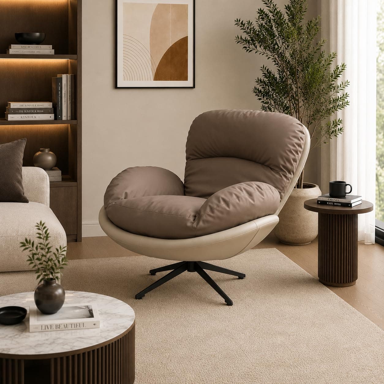 The Attic Shella Lounge Chair,Comfy Chair for Living Room, Relaxing Chair for Bedroom, 360 Chair; Caramel, Cream