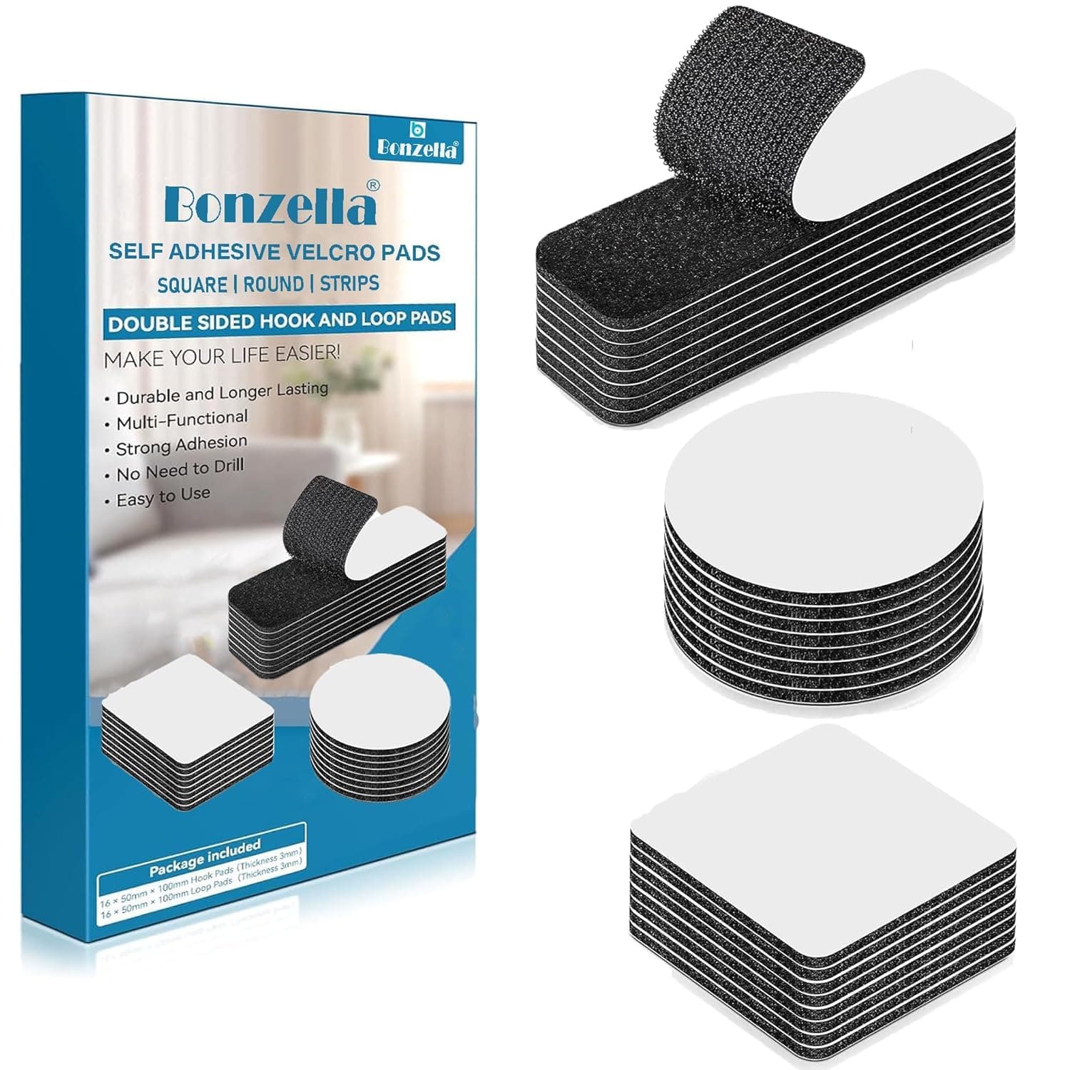 BONZELLA12 Pcs Self Adhesive Hook and Loop Strips Tape, Industrial Strength Interlocking Tapes for Crafting & Hanging, 3 Different Size Multipurpose Double Sided Hook Loop Sticker for Home & Office Use (12Piece - 3 Different Size, Black)