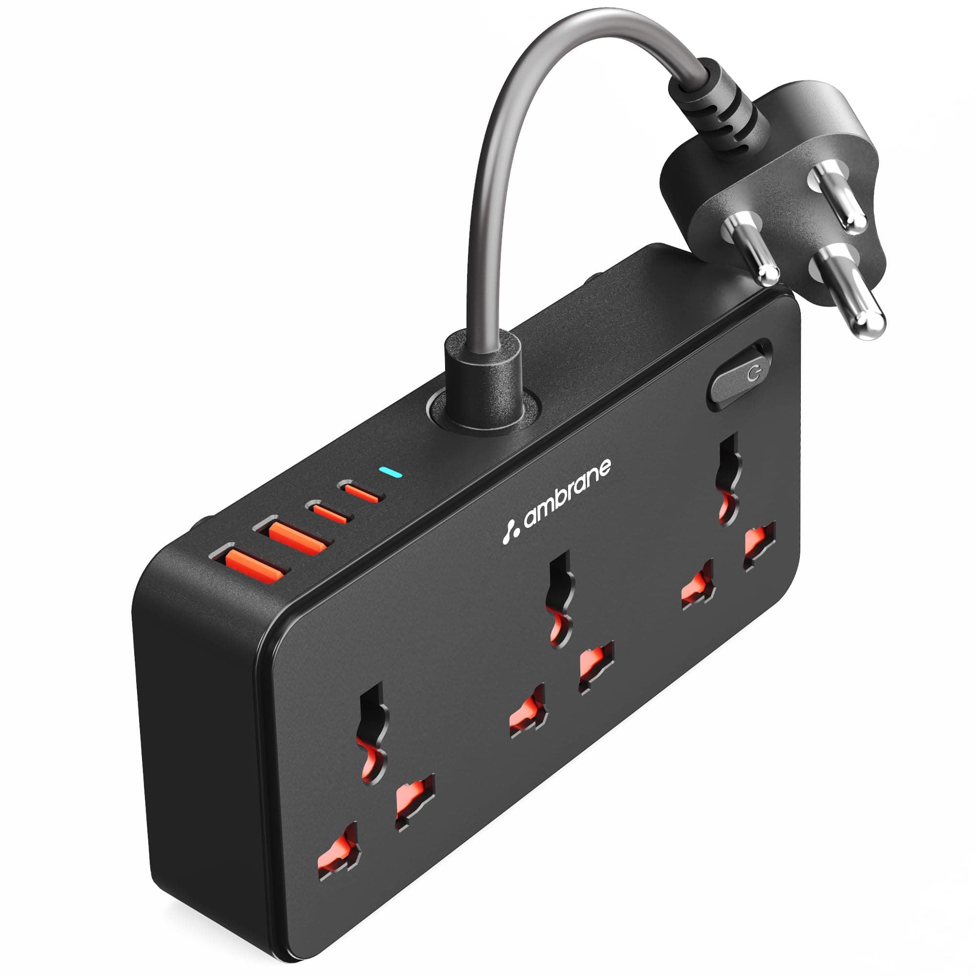 Ambrane 7-in-1 Extension Board, 2 USB, 2 Type C, 3 AC Sockets 2500W, Perfect for Compact Spaces, Charge 7 Devices from 1 Socket, Hangable Cable Design, Works with All Devices (Smartstrip 5, Black)